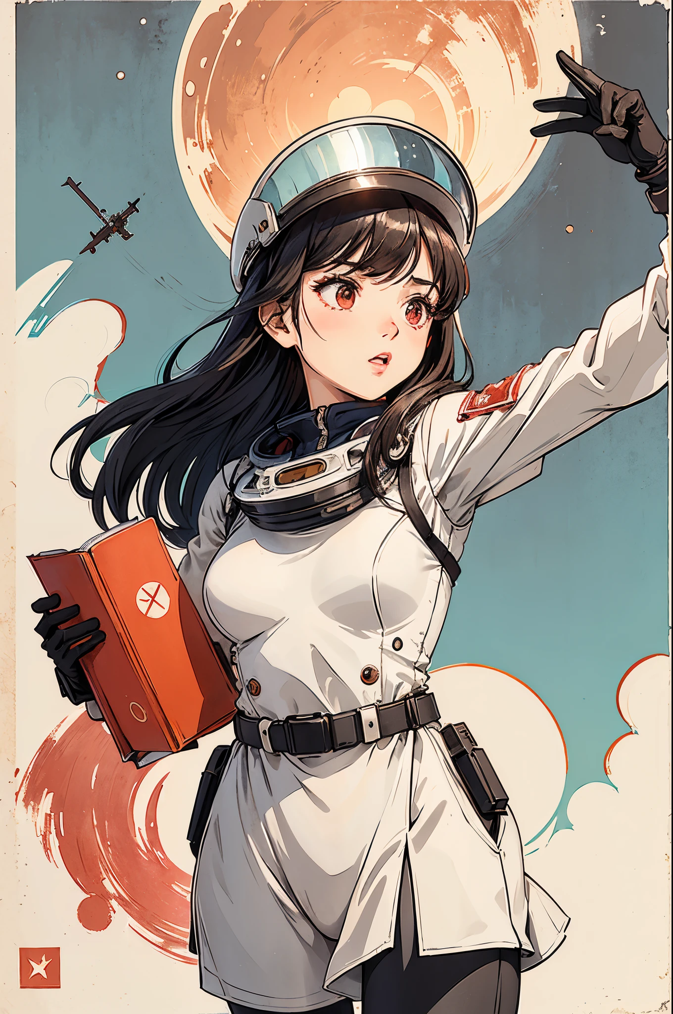 1girl,flat_breasts,cute,beautiful detailed eyes,shiny hair,visible through hair,hairs between eyes, CCCPposter, sovietposter,red monochrome,soviet poster, soviet,communism,
Black_hair,red_eyes,vampire,age,poorbreast,Spacesuit:Orange_clothing_body:jumpsuit),white_gloves, white_space shoes, white_helmet, the CCCP red letters on the top of helmet, weightlessness, Side light, reflection, The person in the spacesuit is at the bottom left of the frame, The right hand is outstretched, the right hand gently touches the Salyut space station), Space station in the upper right corner of the screen, Reflected light from the sun, Silver metal,red flag, brilliance,USSR style, diffuse reflection, Metallic texture, The vista is a blue Earth,mecha style,the sea of star,high tone, magnificent