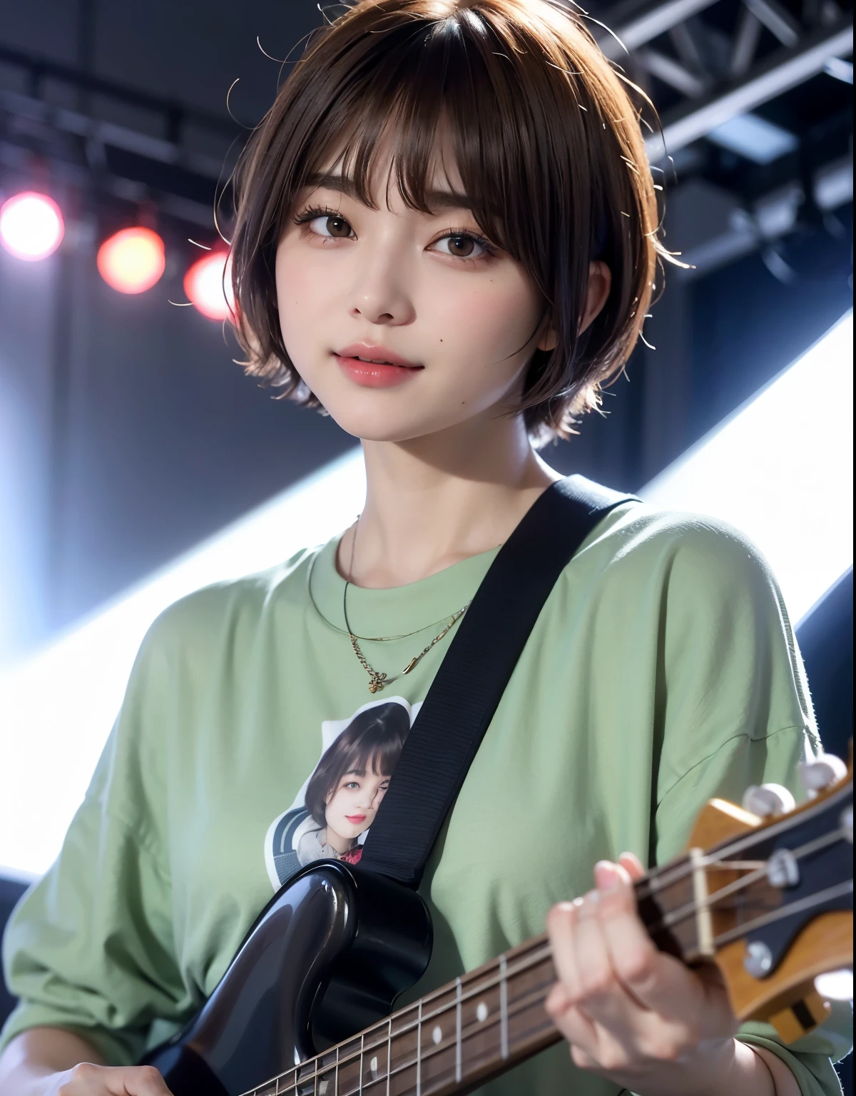 ((top-quality))、(masterpiece:1.4)、Raw photography、8K、((Top image quality))、 ((hight resolution))、Beautiful face in every detail、realisiticな人の肌、Gentle expression、(One lady:1.3 )、realisitic、(rather short hair:1.4)、(Beautuful Women)、(cute Japanese girls:1.3)、(boyish:1.3)、((mannish))、((Pretty Woman))、(Beautiful hair)、((dark brown hair))、With bangs、(((Red cheeks)))、(Her eyes are big:1.3)、20-year-old beauty、(her face is small:1.3 )、small head、(long neck:1.3)、a necklace、((music festival))、(Concert T-shirt)、((On stage))、(play bass guitar:1.3)、((Happy look))、singers、Everyone admires her、rock band、(young woman admires her)、(popular person)、(Dynamism)、(Oversized clothes)、Band Group Vocals、smil、