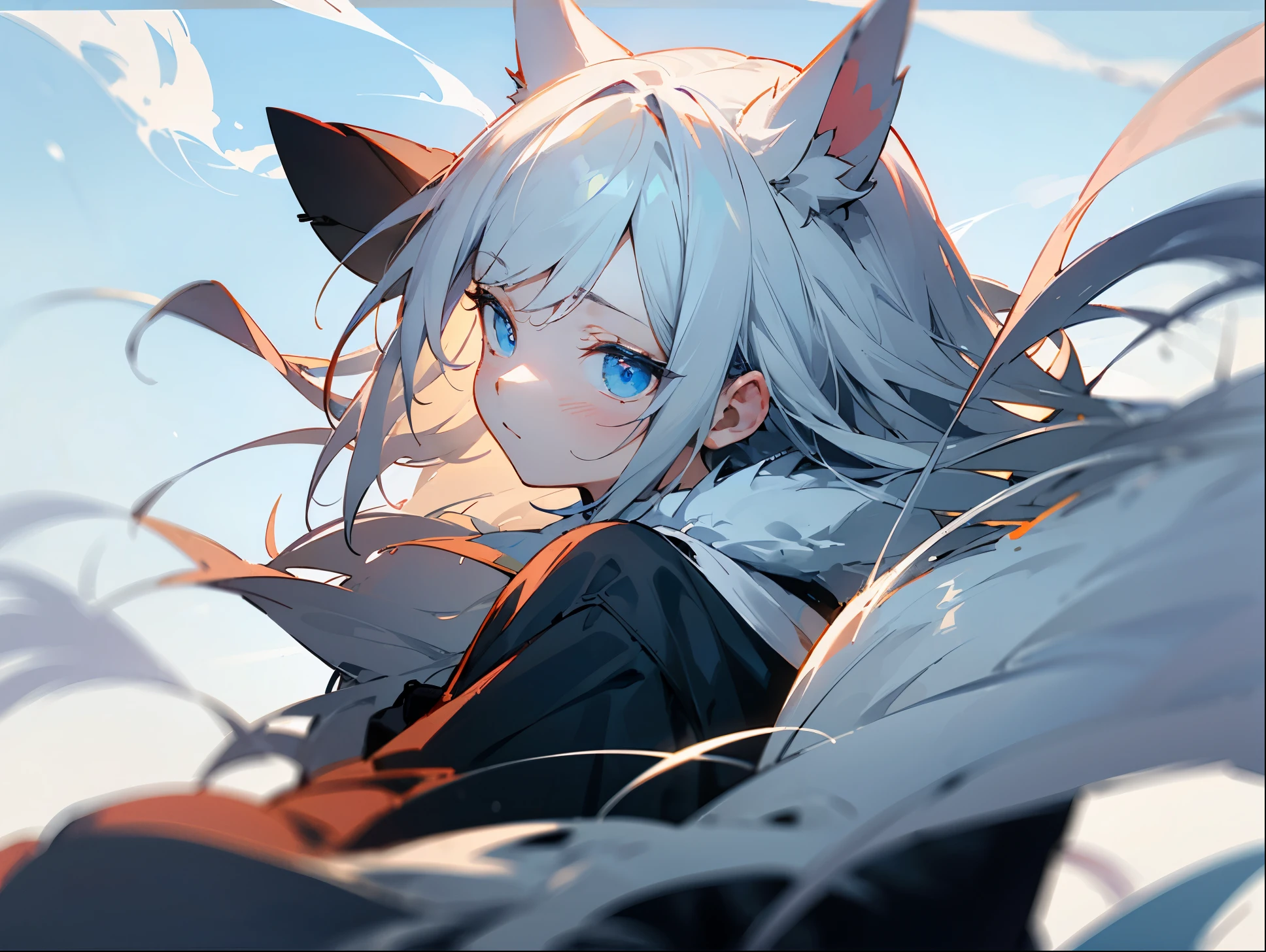 Relaxed、sleepy、had a dark look、He had gray hair and furry ears.、girl with blue eyes。The wind is blowing。The back is black。
