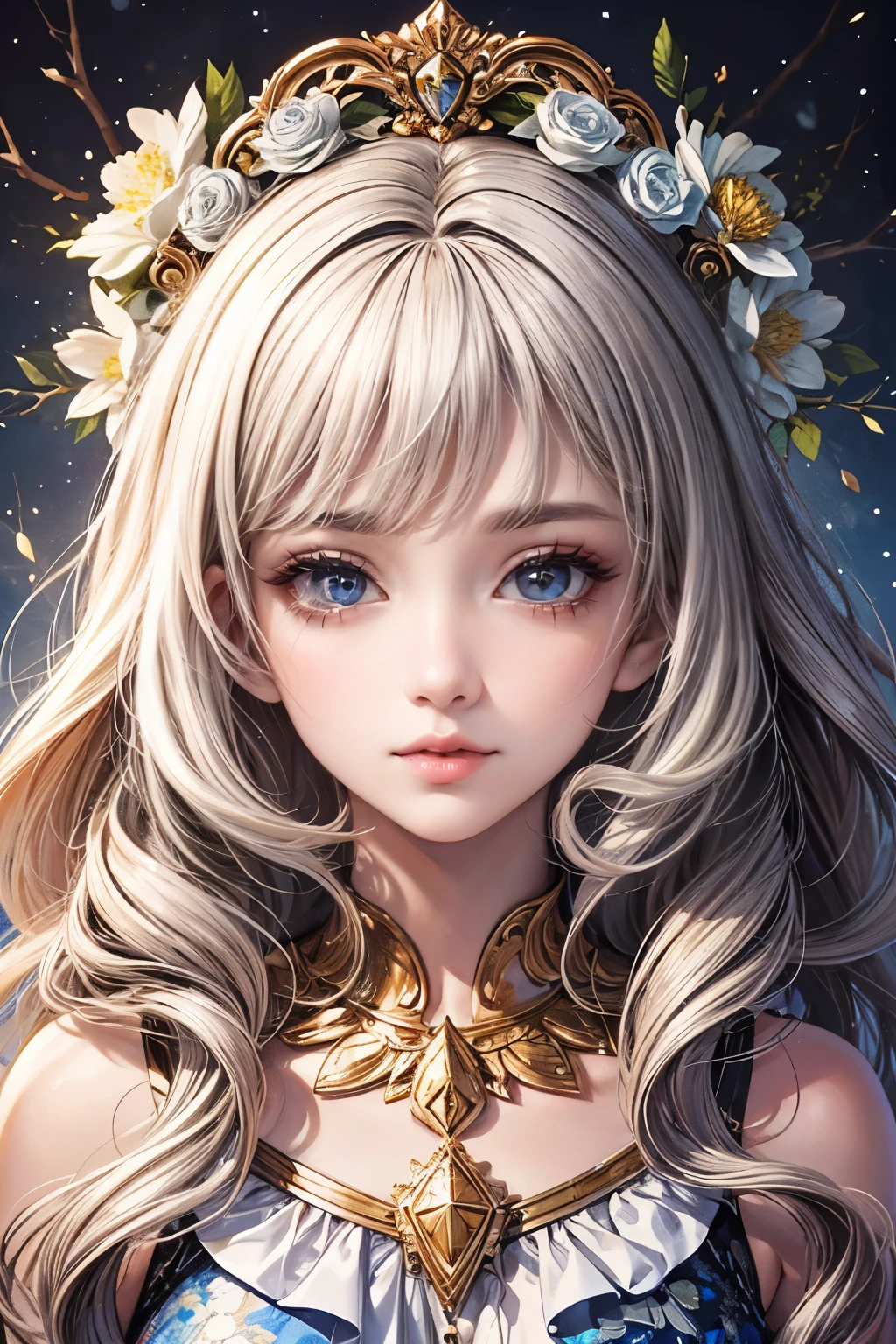 (best quality,8K,CG),detailed upper body,solitary girl,floral forest background,complex facial features,elegant long curly hair,almond-shaped big eyes,detailed eye makeup,long eyelashes,twinkling stars,exquisite lip details,soft and harmonious style.