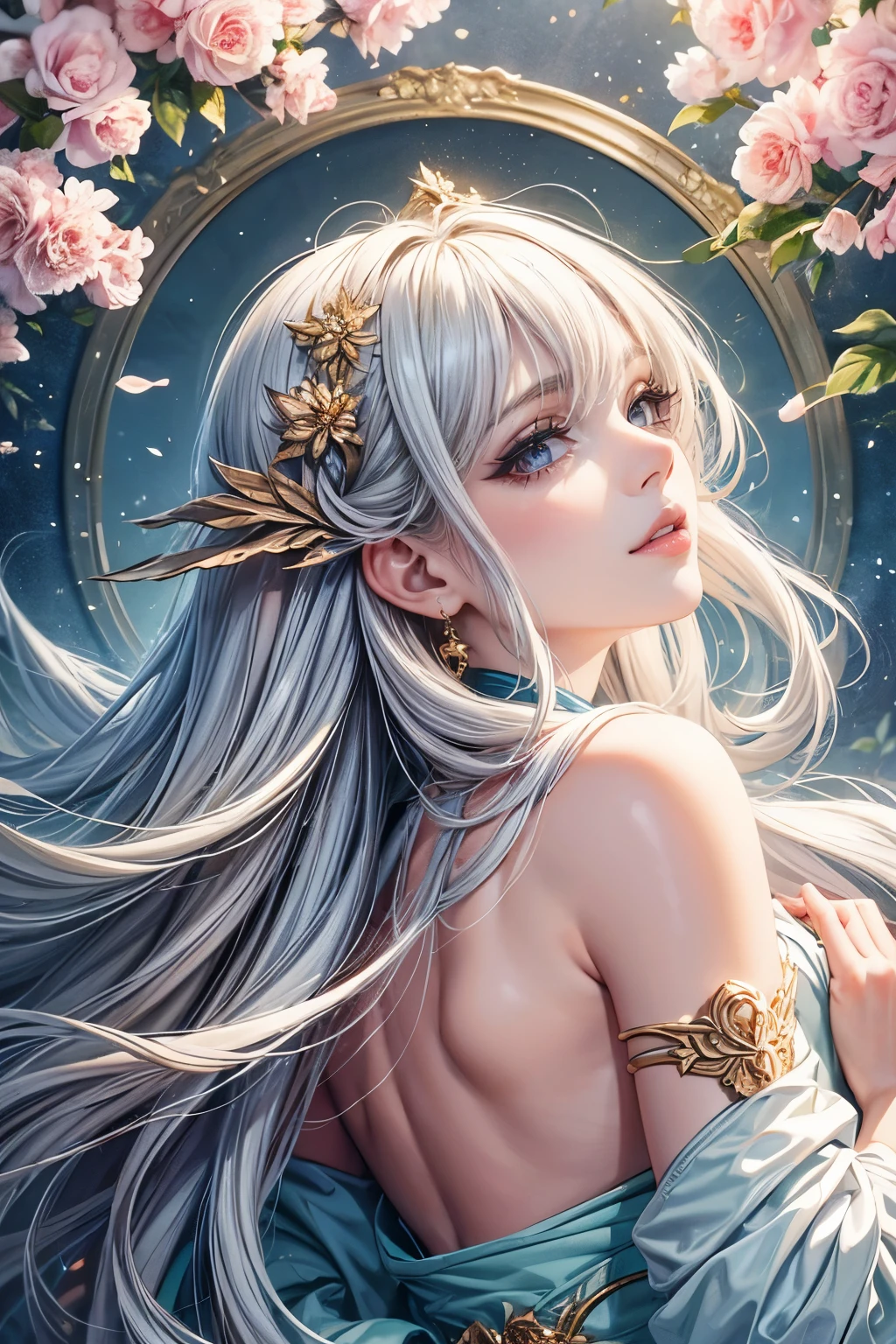 (best quality,8K,CG),detailed upper body,solitary girl,floral forest background,complex facial features,elegant long curly hair,almond-shaped big eyes,detailed eye makeup,long eyelashes,twinkling stars,exquisite lip details,soft and harmonious style.