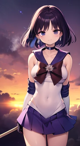 (masterpiece:1.2, best quality:1.2), (shiratama), R15, highres, (extremely detailed), (intricate), (beautiful dentaled glow:1.2), sunset, gradient sky, space, cinematic lighting, (pixiv), 1girl, (8k, HD, portrait, cowboy shot, anime, 4k, novel illumination), soft outline, (perfect quality:1.2), bangs
BREAK (tomoe hotaru, sailor saturn), purple eyes, purple hair, short hair, 
BREAK back bow, purple bow, purple choker, purple sailor collar, purple skirt, bow, choker, earring, tiara, (white:0.5) elbow gloves, jewelry, magical girl, large breast, collarbone, (white leotard), miniskirt, sailor collar, sailor senshi uniform, boots, (sleeveless), (see-through), (skindentation:1.2), (steaming body:1.2), (bare shoulders, bare hip, thighs, covered navel)
BREAK (perfect anomary, perfect hand), (perfect cute face:1.4), (perfect clothes, perfect body), long feet, night, (sky:1.2), heavy breathing, ((holding weapon), in front, energy)