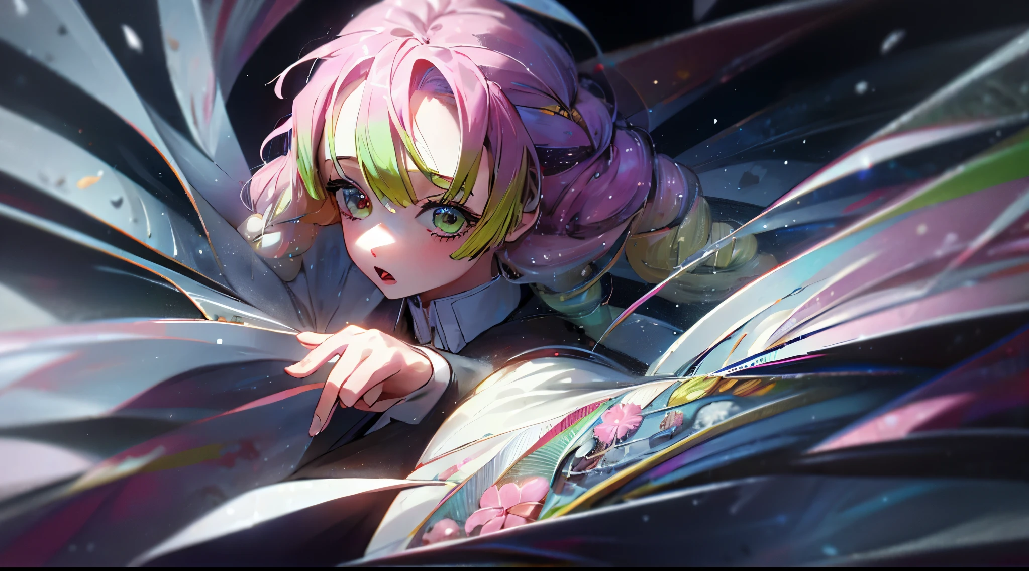 1girl,mitsuri kanroji ,thumbnail for  video, high res, look at the viewer, detailed eyes, detail face, detail fingers