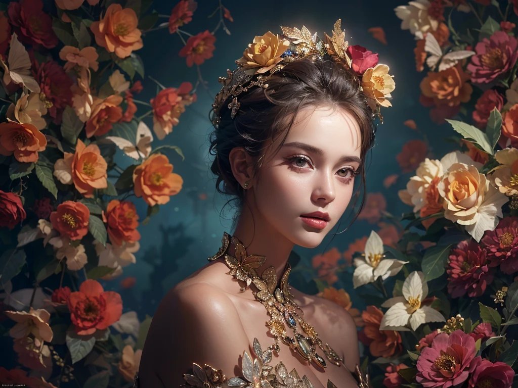 (best quality color photo of a mysterious beautiful woman in cocktail dress on a fashion magazine cover, haute couture fashion shoot:1.3),(An extremely delicate and beautiful work:1.2), (Christmas illumination, soft front light, professional lighting :1.3),(Dressed in a breathtaking and sophisticated floral dress, elegant and sophisticated fashion, floral couture, clothes made of flower :1.1), (butterfly of light,Decorations to liven up the holiday season), elegant pose, glamorous fashion pose, the divine light, with neon lights, starrysky background, simple background, (she is the embodiment of beauty and allure:1.1), detailed face, looking at viewer, detailed eyes, black eyes, lustrous lips, subtle smile, forehead ,(large breast, cleavage:1.1), Gentle and enigmatic expression, High color saturation, surrealism ,(best quality, masterpiece, ultra detailed, ultra high res, photorealistic, raw photo, absurdres, absolutely resolution:1.4)