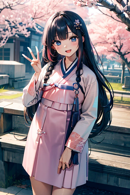 masterpiece, best quality, highres, bbhana, long hair, blacj hair, single braid, hair ornament, whisker markings, ((korean clothes)), ((hanbok)), long sleeves, striped sleeves, sky blue jacket, pink skirt, cherry blossoms, outdoors, standing, smile, open mouth, peace sign, blue eyes, large breast, sexy,