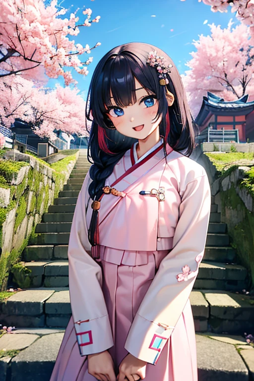 masterpiece, best quality, highres, bbhana, long hair, blacj hair, single braid, hair ornament, whisker markings, ((korean clothes)), ((hanbok)), long sleeves, striped sleeves, sky blue jacket, pink skirt, cherry blossoms, outdoors, standing, smile, open mouth, peace sign, blue eyes, large breast, sexy,