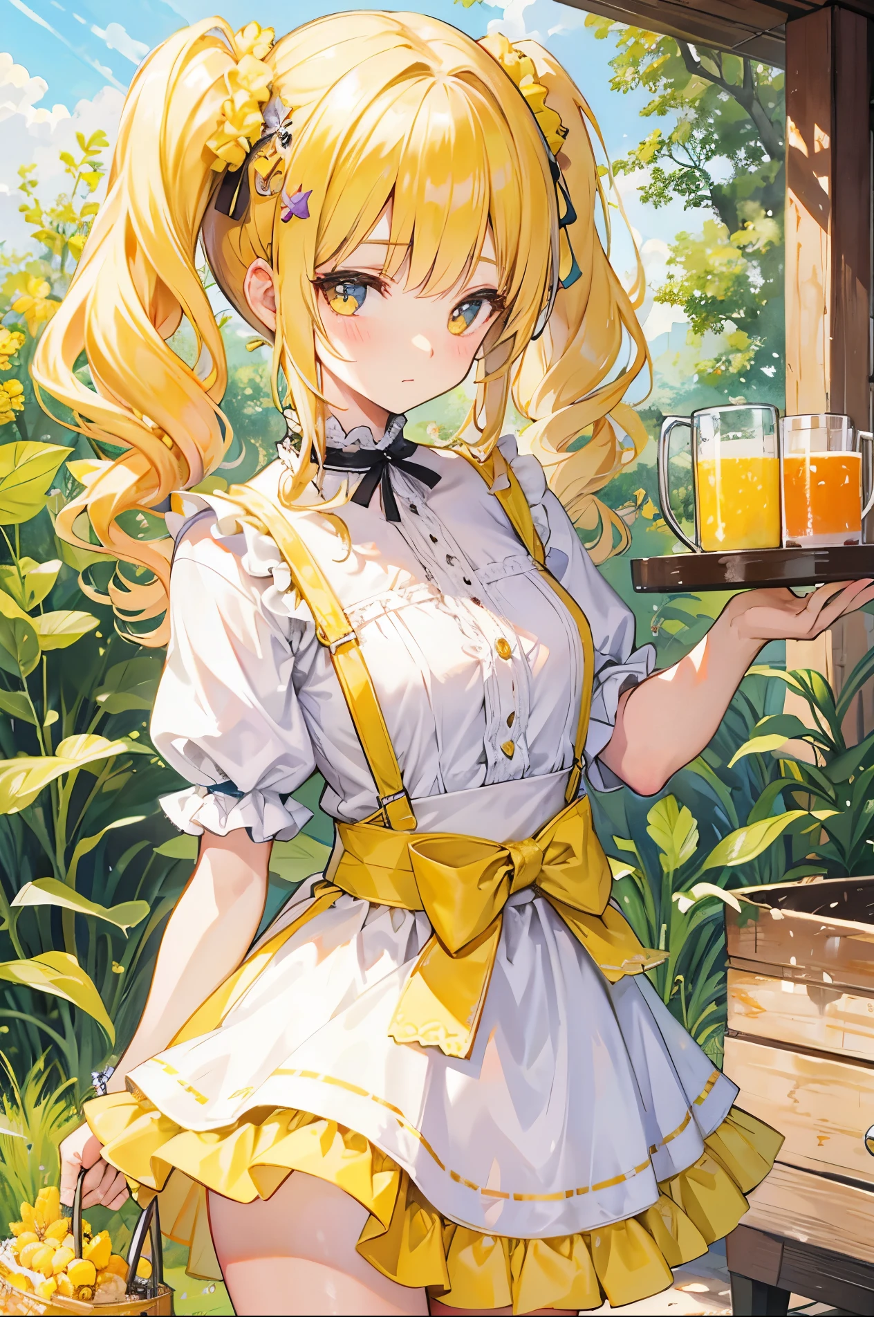 Sweet girl，Yellow curly twintails and soft clothes，pvz corn pitcher personified