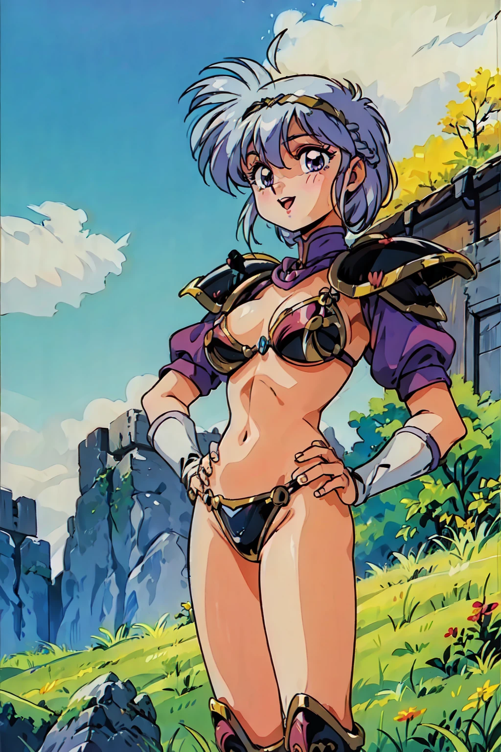 "(masterpiece:1.1), best quality,
1girl, (traditional media 80s:1.4), (eyelashes:1.5), (:1.2),
(intricate high detailed body:1.2),
(silver hair:1.1), (hair between eyes:1.1), (short hair, french braid:1.1), (headband:1.1),
purple eyes, (lip stick:1.2),
(huge breasts:1.1),
(happy, smile:1.2), blush, open mouth,
(bikini armor:1.2), (knight armor, armored boots:1.2),
(ahoge:1.2), sleeve,
standing, (dynamic pose, action pose, hand on hip:1.2),
(upper body, cowboy shot, looking at viewer:1.1),
(daytime, grassland, outdoors:1.1)"