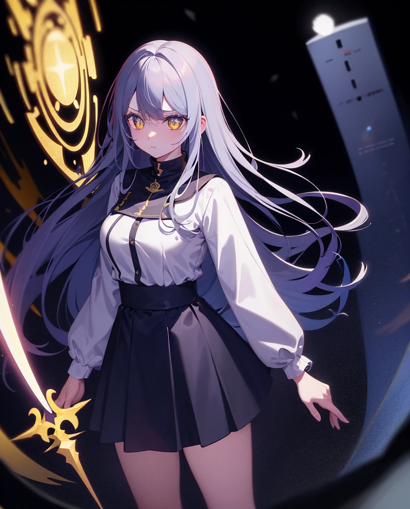 silver-haired, Yellow eyes, eyelashes, kawaii, fluffy hair, Modern clothing, hold the sword, youthful, delicate, Black Skirt, piercing