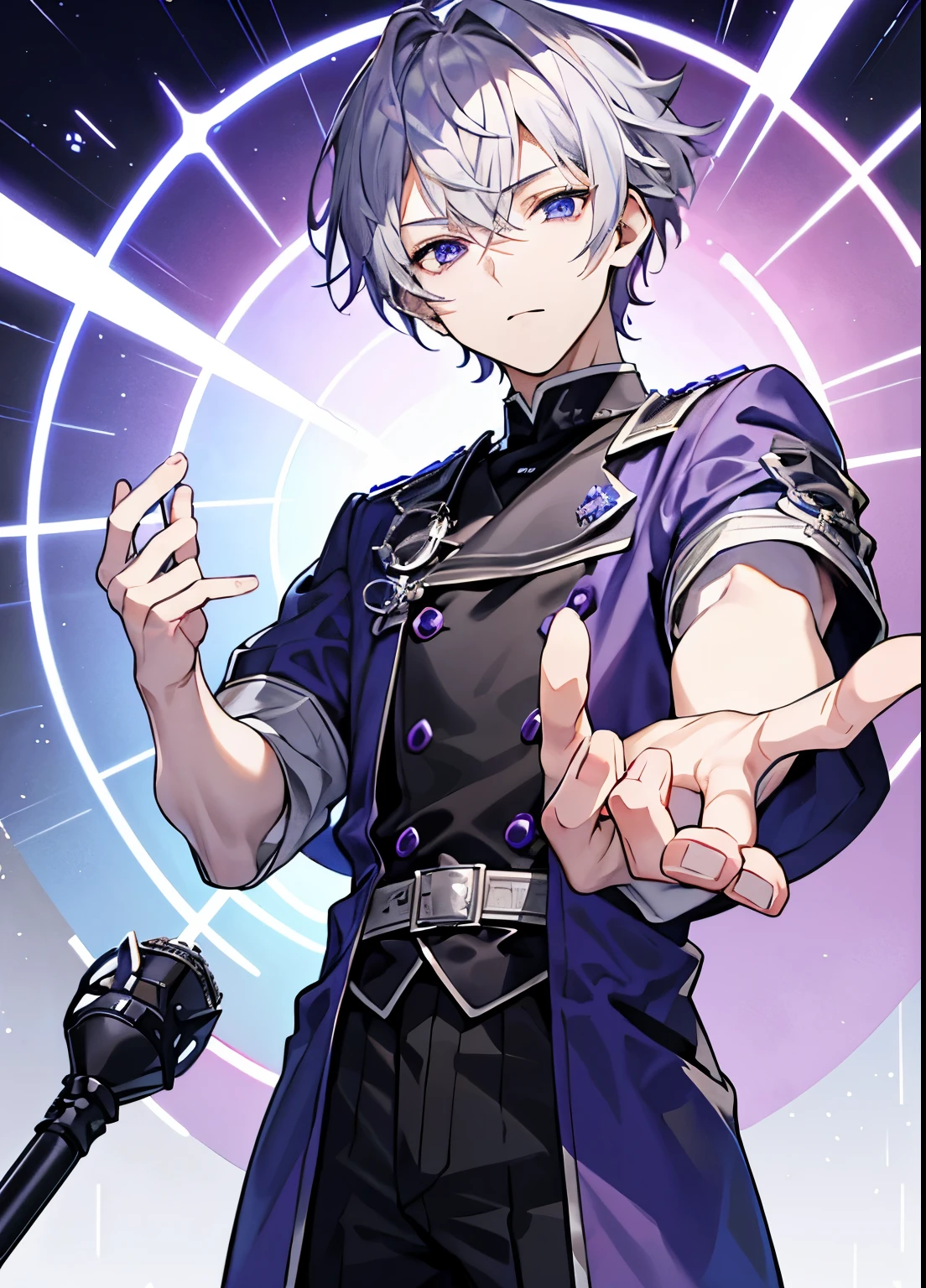1guy, Handsome man, Men with gray hair, Beautiful detailed eyes, beautifull detailed face、Purple Order、hair between eye、short-hair、logn hair、a cool、outer、twinks、Gray-haired young man、Calm、hands outstretched、There is only one man