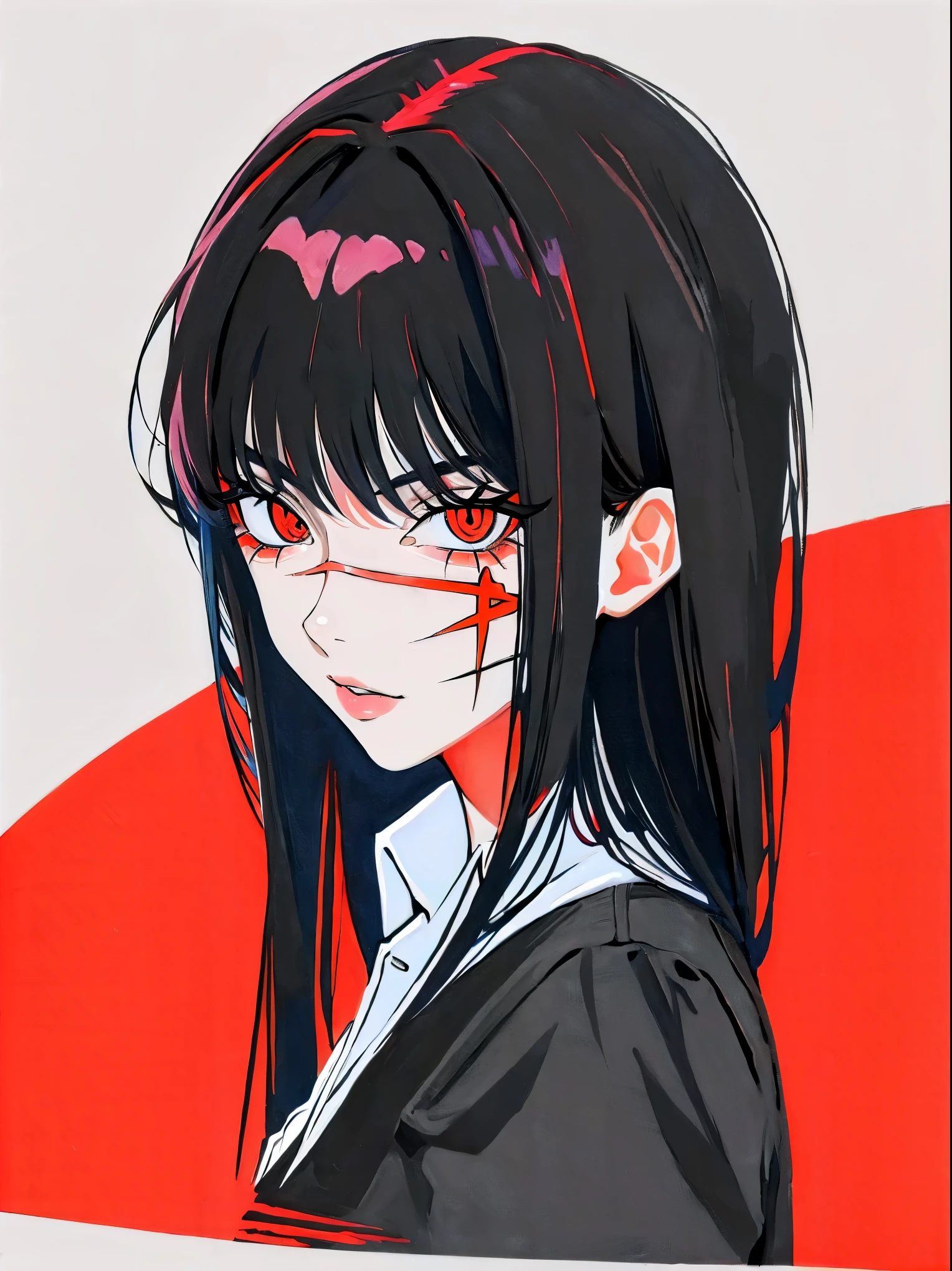 Yoru, vestida de colegial, camisa, Cinta para el cuello, mangas largas, Tema oscuro, (Mirando al espectador, retrato:1.5), black and rojo, rojo details, Runas brillantes_rojo,