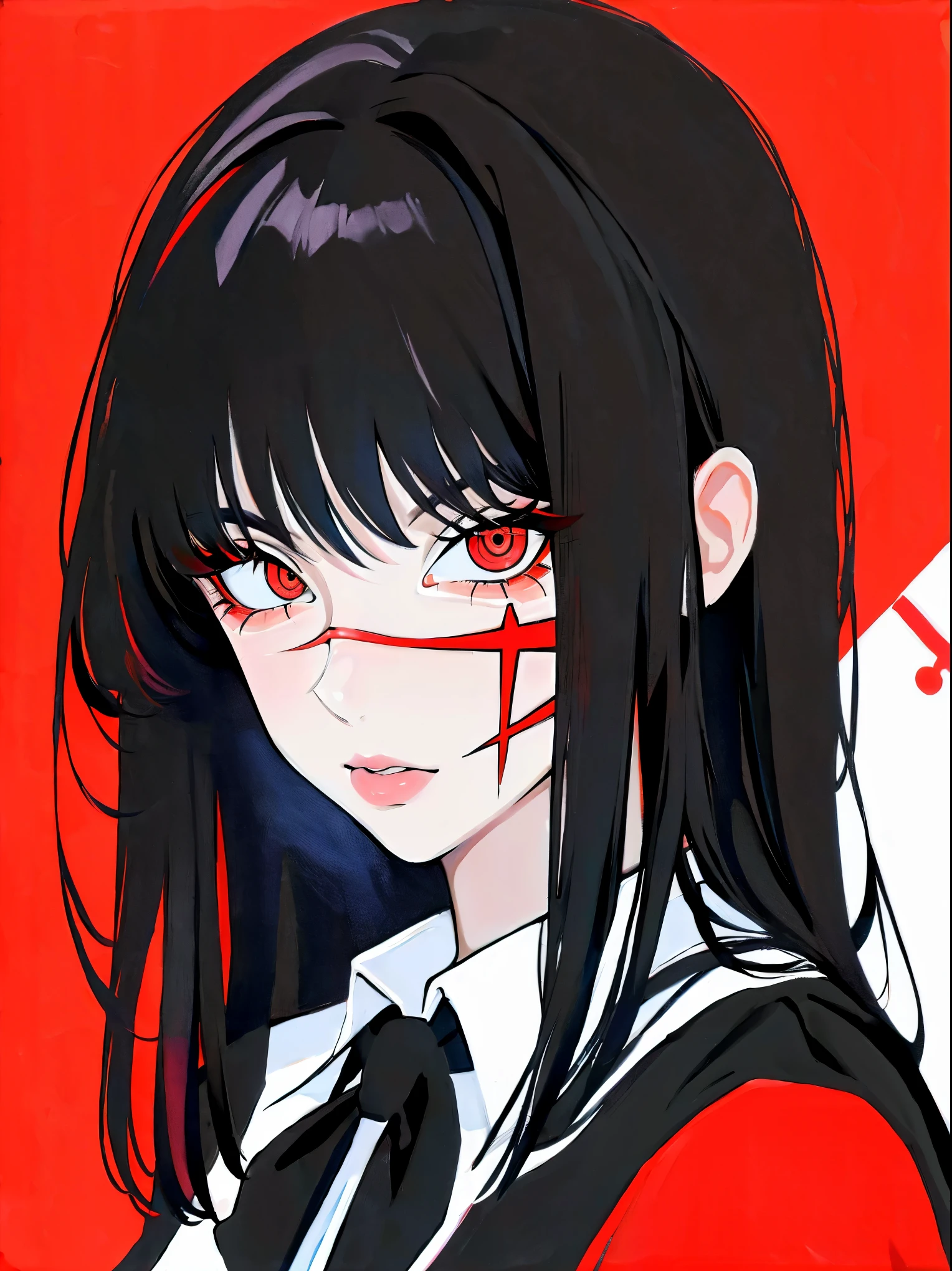Yoru, vestida de colegial, camisa, Cinta para el cuello, mangas largas, Tema oscuro, (Mirando al espectador, retrato:1.5), black and rojo, rojo details, Runas brillantes_rojo,