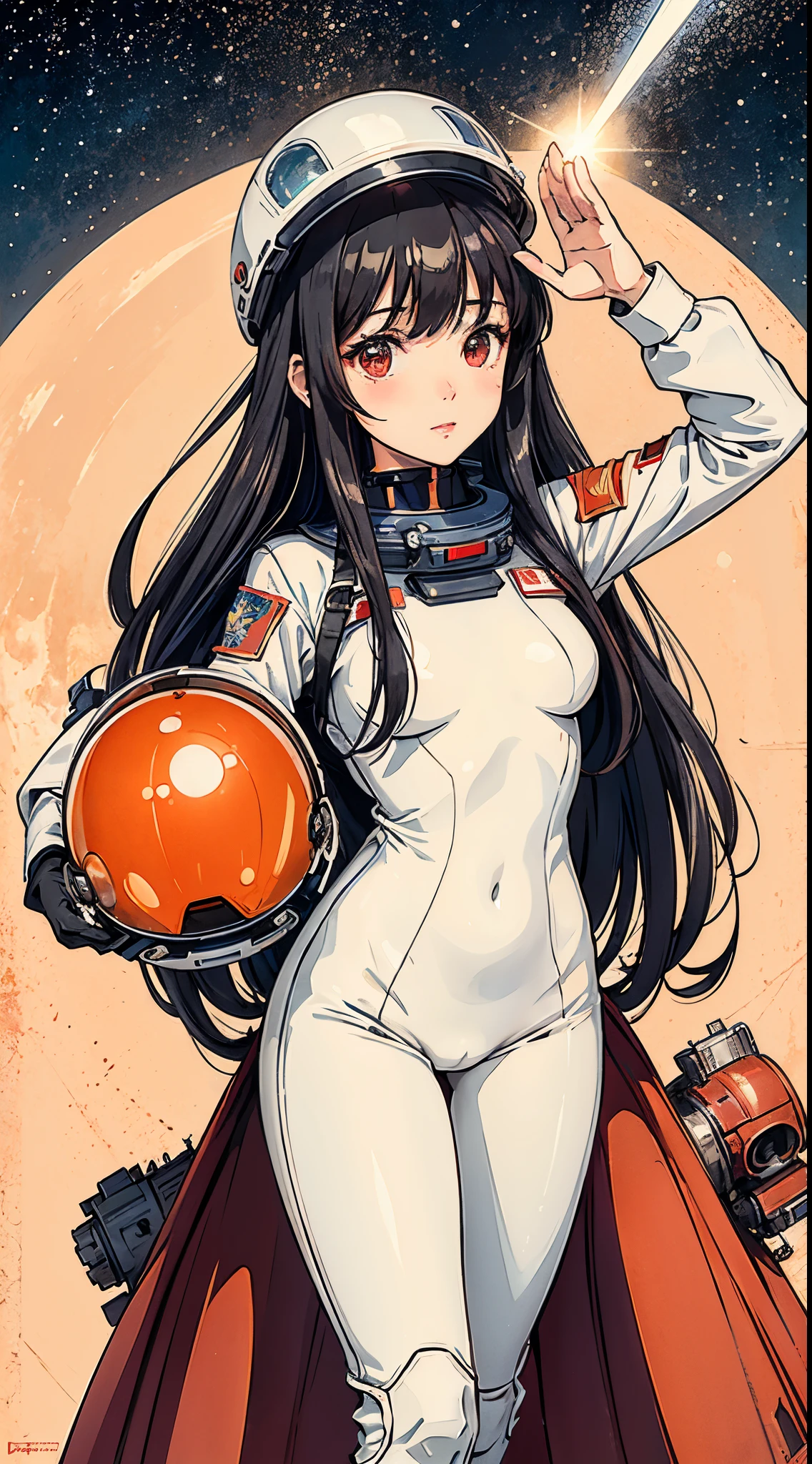 1girl,flat_breasts,cute,beautiful detailed eyes,shiny hair,visible through hair,hairs between eyes, USSR poster, soviet poster,red monochrome,soviet poster, soviet,communism, PROPAGANDA POSTER, Black_hair,red_eyes,vampire,age,poorbreast,(Spacesuit:Orange_clothing_body:jumpsuit),white_gloves, white_space shoes, white_helmet, the USSR red letters on the top of helmet, weightlessness, Side light, reflection, The person in the spacesuit is at the bottom left of the frame, The right hand is outstretched, (the right hand gently touches the Salyut space station), Space station in the upper right corner of the screen, Reflected light from the sun, Silver metal,red flag, brilliance,USSR style, diffuse reflection, Metallic texture, The vista is a blue Earth,mecha style,the sea of star,high tone, magnificent