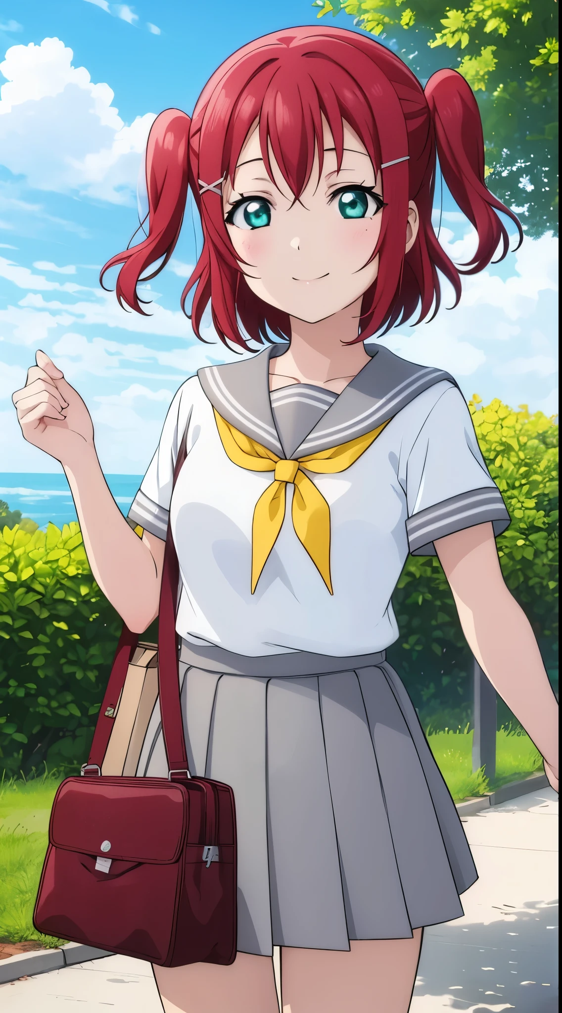 (masterpiece, best quality), illustration, detailed eyes, 1girl, solo, kurosawa ruby, flat chest, red hair, two side up, green eyes, smile, 
school uniform, white shirt, pleated skirt, serafuku, grey skirt, red neckerchief, tie clip, uranohoshi school uniform, grey sailor collar, bag, 
outdoors,