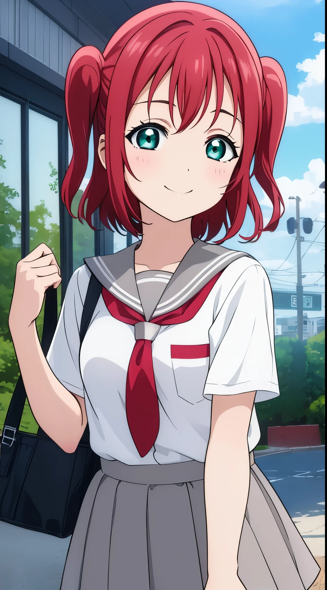 (masterpiece, best quality), illustration, detailed eyes, 1girl, solo, kurosawa ruby, flat chest, red hair, two side up, green eyes, smile, 
school uniform, white shirt, pleated skirt, serafuku, grey skirt, red neckerchief, tie clip, uranohoshi school uniform, grey sailor collar, bag, 
outdoors,