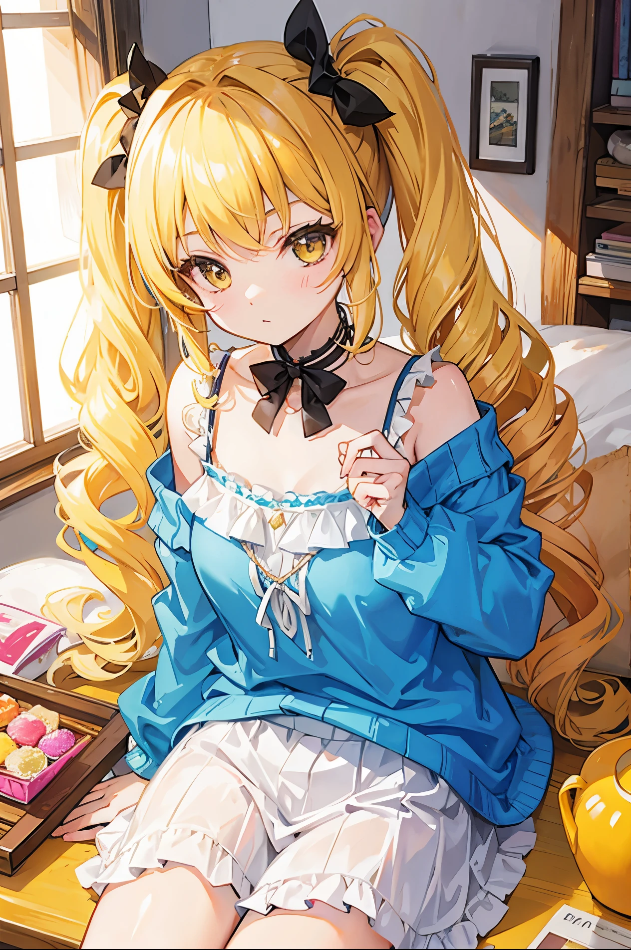 Sweet girl，Yellow curly twintails and soft clothes，pvz corn pitcher personified