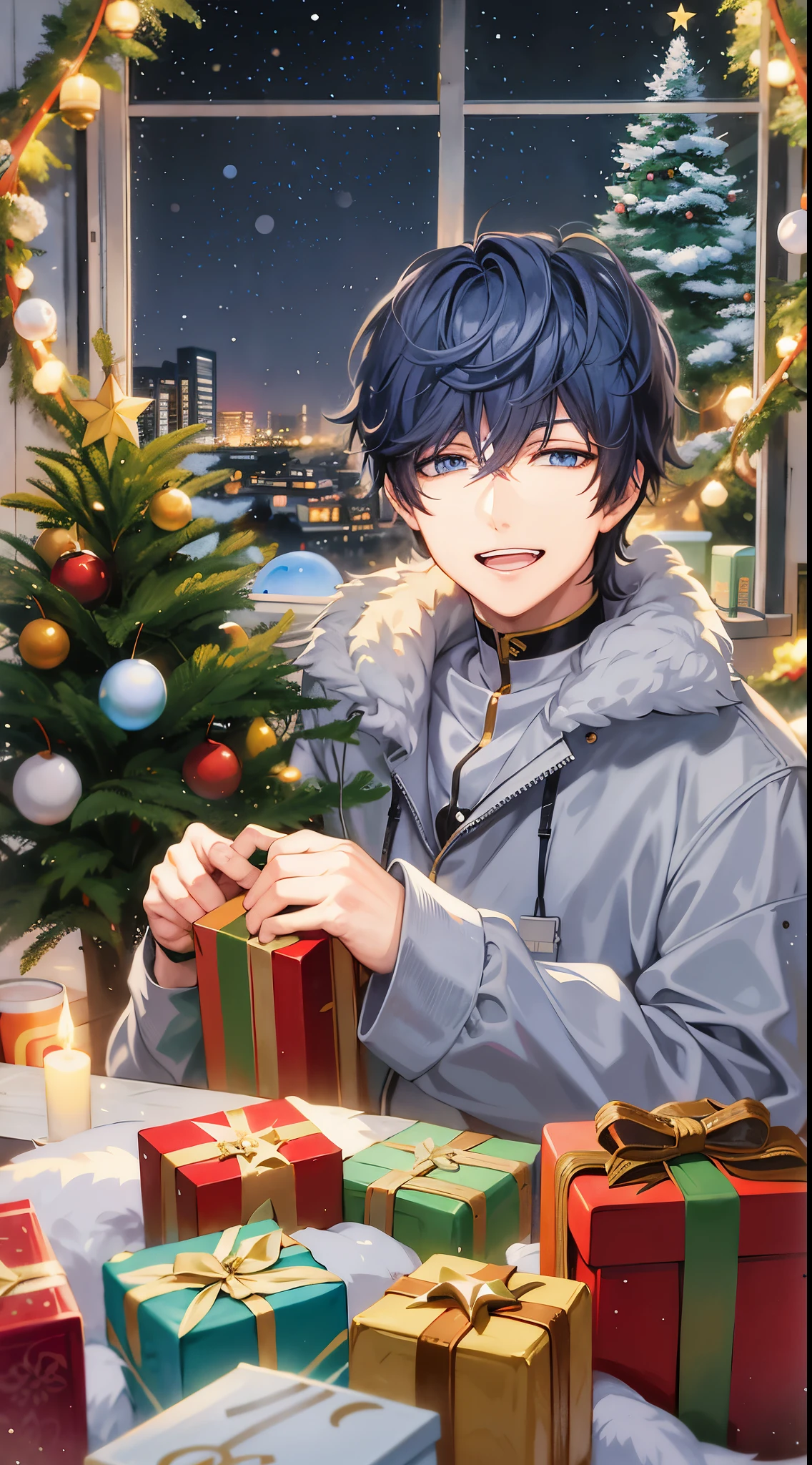 Anime man with blue-black hair sitting at a table with a present, tall anime man with blue eyes, inspired by Okumura Togyu, inspired by Masanobu Okumura, hijikata toushirou of gintama, anime handsome guy, profile picture 1024px, painted in anime painter studio、Brighten and whiten your hands too