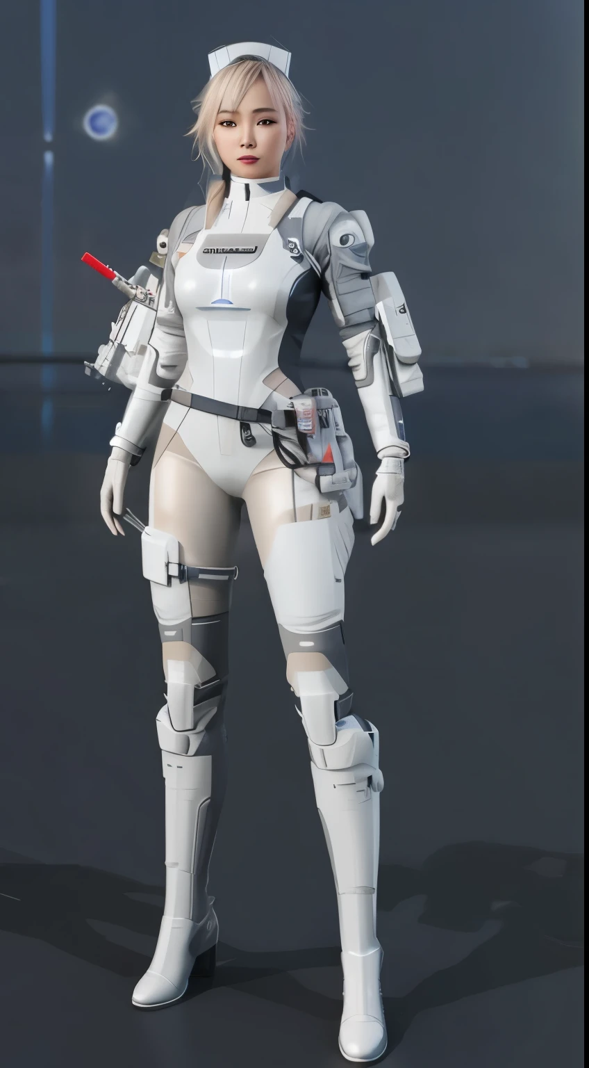 a close up of a beautiful asian woman in a futuristic nurse white outfit with a gun, sci fi female character, full body shot hyperdetailed, female lead character, detailed full body concept, detailed body, complete detailed body, whole body highly detailed, full body details, sci-fi female, in game capture 3d render, female character, detailed space suit, sci - fi character