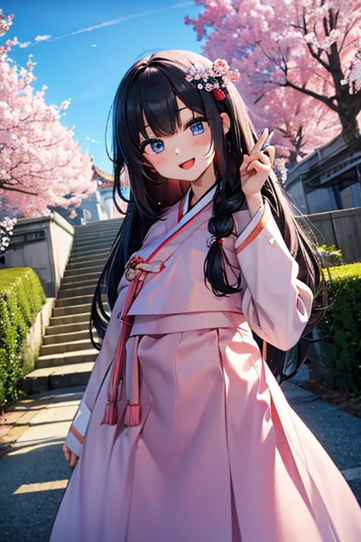 masterpiece, best quality, highres, bbhana, long hair, blacj hair, single braid, hair ornament, whisker markings, ((korean clothes)), ((hanbok)), long sleeves, striped sleeves, ((sky blue jacket)), pink skirt, cherry blossoms, outdoors, standing, smile, open mouth, peace sign, blue eyes, large breast, sexy,