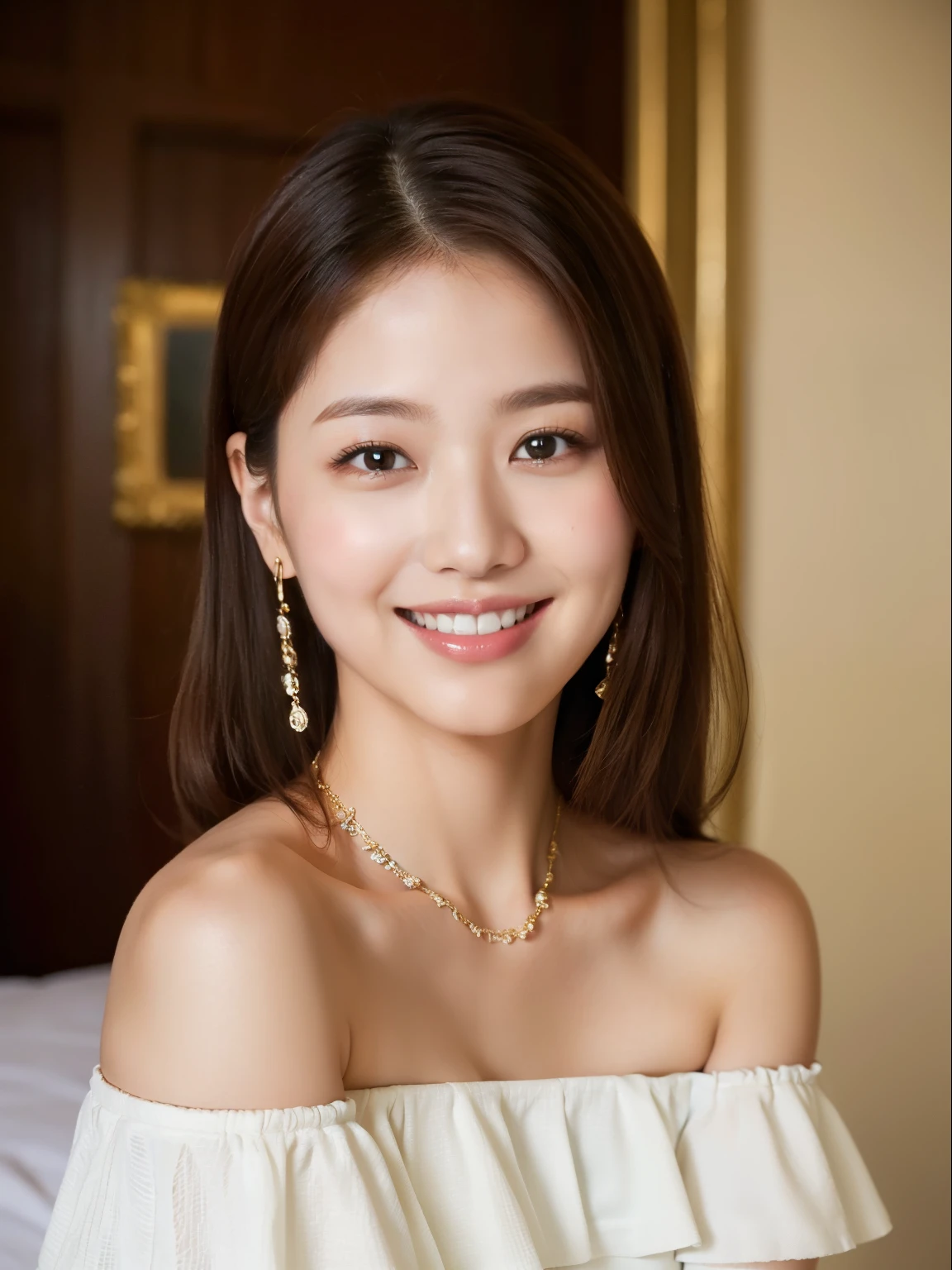 best quality, masterpiece, ultra high res, photorealistic, 1girl, offshoulder, smile