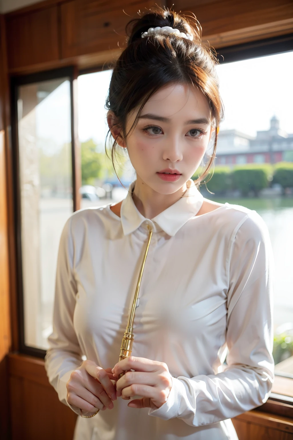 ((Best quality at best)), ((tmasterpiece)), (Detailed pubic hair), Background working with colleagueemele,Naturally shy face,The mouth is singinicrophone in hand,long sleeve work uniform,Hair tied up,中景 the scene is