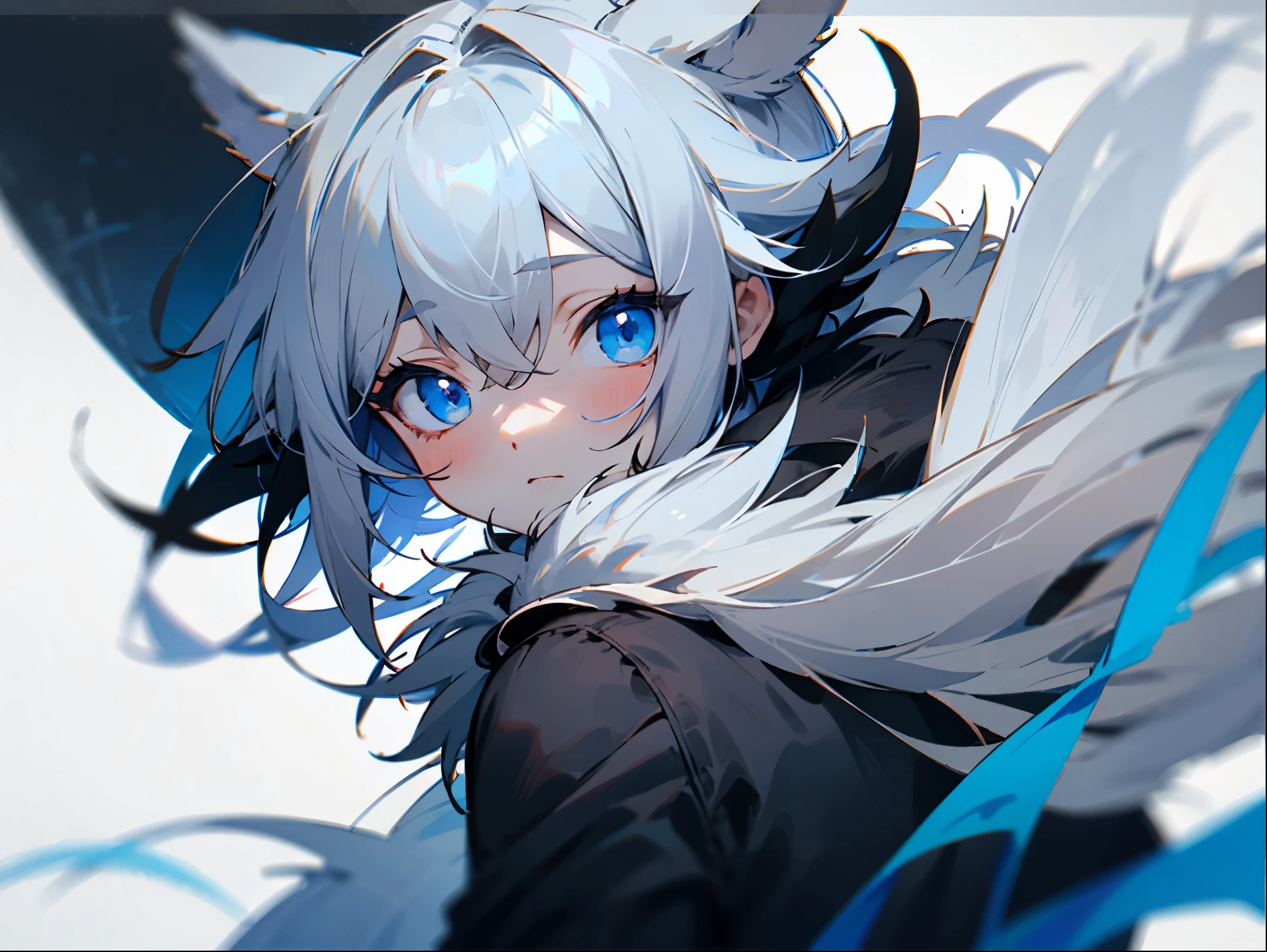 Relaxed、sleepy、had a dark look、He had gray hair and furry ears.、girl with blue eyes。The back is black。