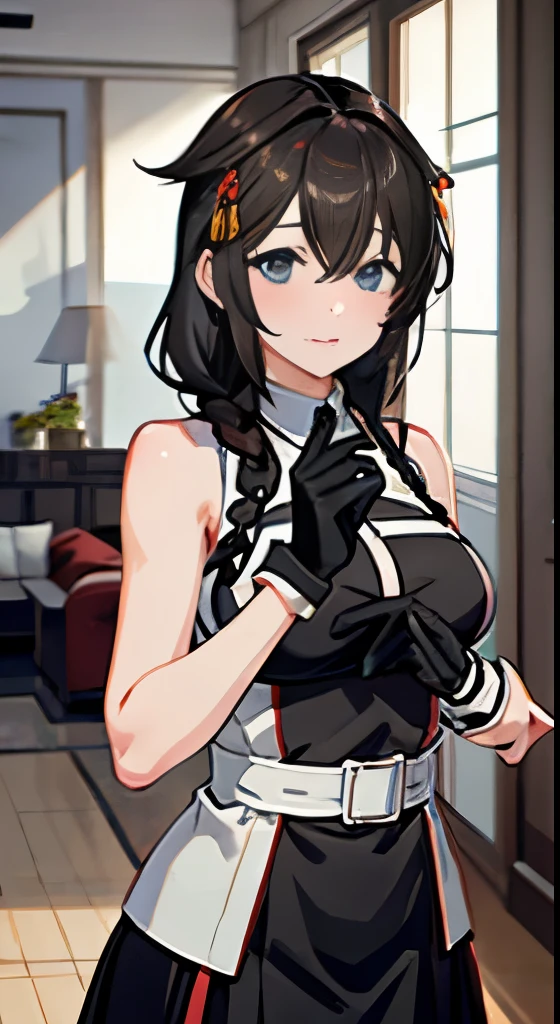 Shigure Kai 3 KanColle Sleeveless Black Thimble Gloves Black Skirt Braid 8K High Resolution Very Fine Eyes Very Fine Face、Insanely detailed body、Extremely fine skin, very elaborate hair ornament, Precisely shaped body and hands 1 person Living room in a private house 妖艶な表情