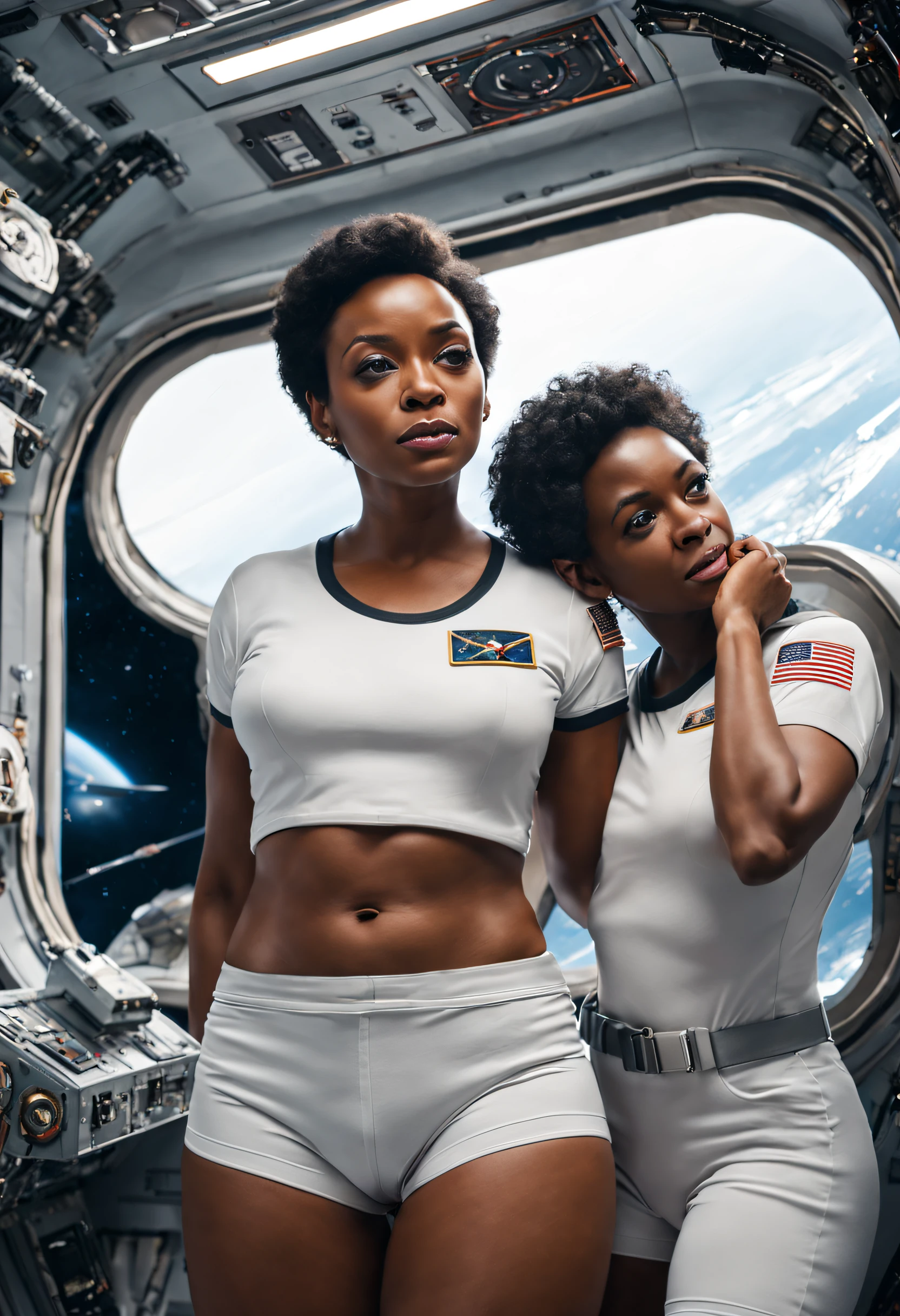 (Raw photo of three dark skinned women in their 40's working as astronauts in space), a stream of white cum on her vulva and legs:0.5, skirtlift, (((wearing a space suit))), (((floating in zero g))), (beautiful proportionate hands in a natural pose:0.5), ((beautiful natural eyes)), (((skin details))),  bumpy skin, goose bumps, moles, freckles, hair folicles, razor burn, [[stretch marks:0.1]], subsurface scattering, slight pubic hair, (((clearly defined labia))), Pierced labia, puffy vagina, DoF, 8k UHD, DSLR, HDR, subdued lighting, high quality, film grain, Fujifilm XT3, 200mm prime lens, f/8, iso 100, (((faded film))), photorealism, ((((ultra realism)))), <lora:skirtliftTheAstonishing_skirtliftv1:1>, realcumAI
