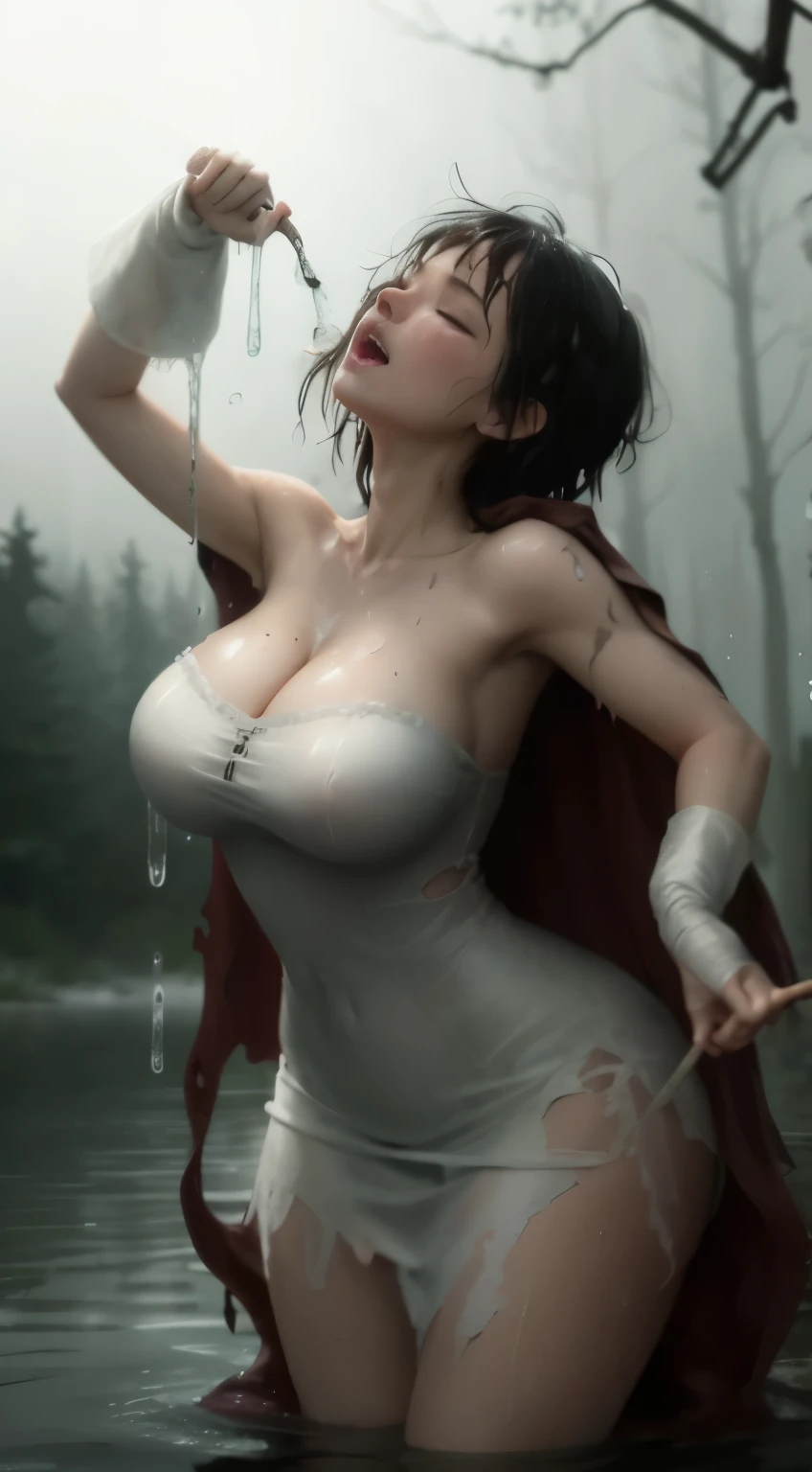 (sheathed weapon on back:1.2), roto (DQ3), 1girl in, Solo, Short hair, Brown hair, (((circlet)))、 Large breasts, gigantic cleavage breasts, Strapless, (Torn and wet thin white dress.:1.5), Purple Cape, thighs thighs thighs thighs, (Torn and wet yellow long gloves:3.0)、(torn and wet yellow boots:1.8)、, (In the deep forest near the lake:1.1, Dark atmosphere:1.3), ( Tentacle monsters attack her:1.3),(((((((Suspended in the air by a chain)))))))((((Eyes closed))))、Tired、Facing up、(((((全身がsodden)))))、((((((ultra gigantic tits))))))、(((((gigantic cleavage breasts:1.5)))))、(((((((((Panting in pain)))))))))、(((((((((全身がsodden)))))))))、sodden、((((全身がsodden:1.5))))、((((((((sodden))))))))、((((((((((体から大量のWater drips:1.8))))))))))、(((((((((全身おっぱいsodden)))))))))、(全身がsodden:1.8)、((((((((((Extend your hands high and upwards:1.8))))))))))、((((((((((Handcuffed))))))))))、(sodden:1.9)、(sodden:1.9)、(stretching arms upwards:1.9)、(Her hands are chained.:3.0)、((((((shed tears:1.8))))))、((((((((全身がsodden:8.0))))))))、sodden、sodden、おっぱいsodden、(((((((おっぱいsodden:5.0)))))))、((((((Water drips:1.8))))))、(((((Water drips down)))))、((((((((Chained))))))))、(((((((Look up and cry:2.0)))))))、sodden、sodden、((((((((((((((((((((((((((全身がsodden))))))))))))))))))))))))))、(((((Clothes are tattered)))))、(((((((((((((全身がsodden)))))))))))))、((((((((全身がsodden))))))))、(The whole body is soaking wet:1.8)、((((((((Water all over the body:1.8))))))))、(((((((((thick liquid flows throughout the body)))))))))