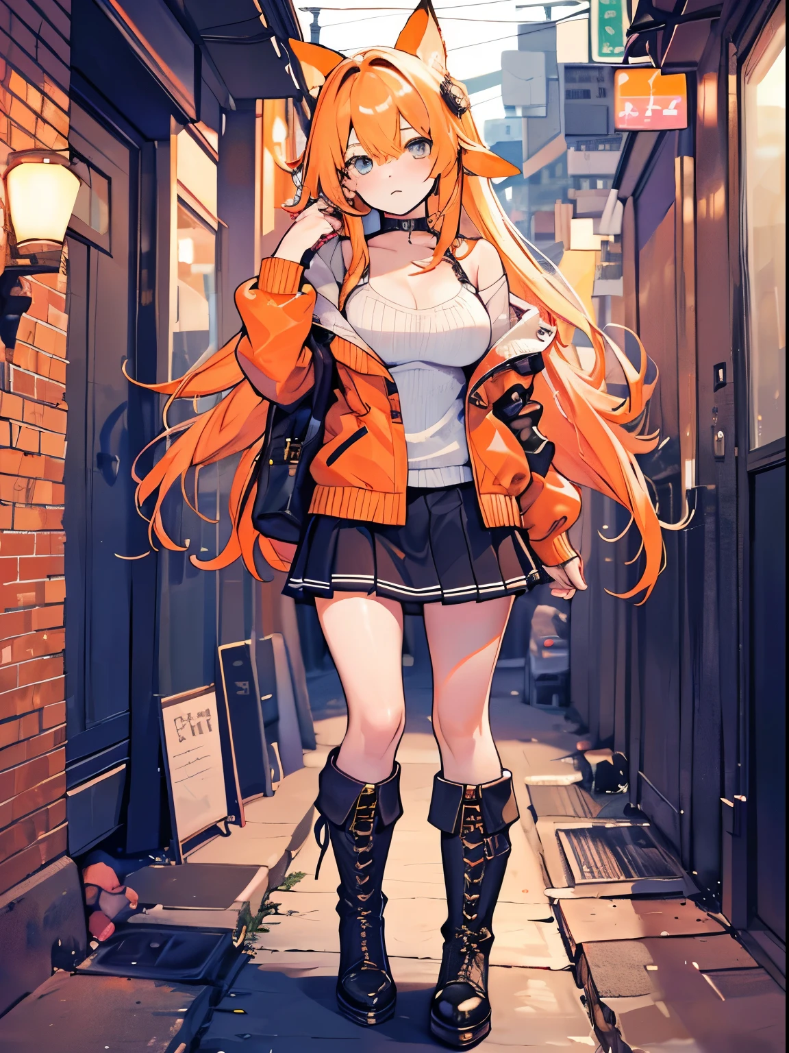 best qualtiy, 超A high resolution, ((orange color:1.3)), 1girll, Beautuful Women, large full breasts, off-shoulder knit, jaket, a miniskirt, boots, rcasual, orange colors