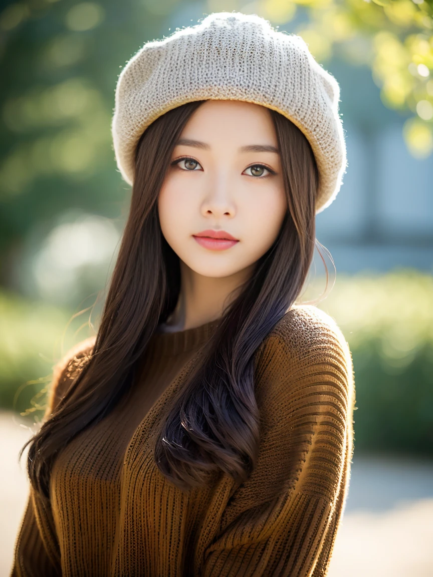 Best Quality、Photo of beautiful Japan woman、女の子1人、side portrait、Look away from the camera、Tall lady、(slim figure:1.2)、Dark brown medium hair、二重まぶた、knitted sweater、Hats、Realistic ray light、The background is a snowfield