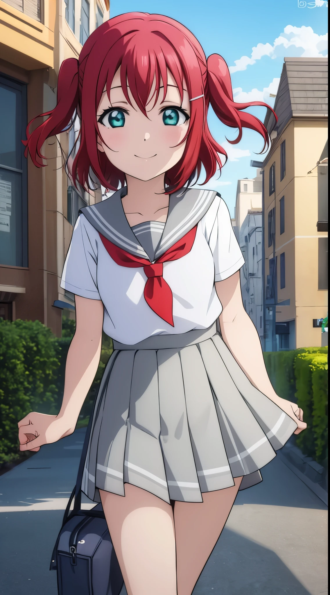 (masterpiece, best quality), illustration, detailed eyes, 1girl, solo, kurosawa ruby, flat chest, red hair, two side up, green eyes, smile, 
school uniform, white shirt, pleated skirt, serafuku, grey skirt, red neckerchief, tie clip, uranohoshi ، wear dress,  grey sailor collar, bag, 
outdoors,