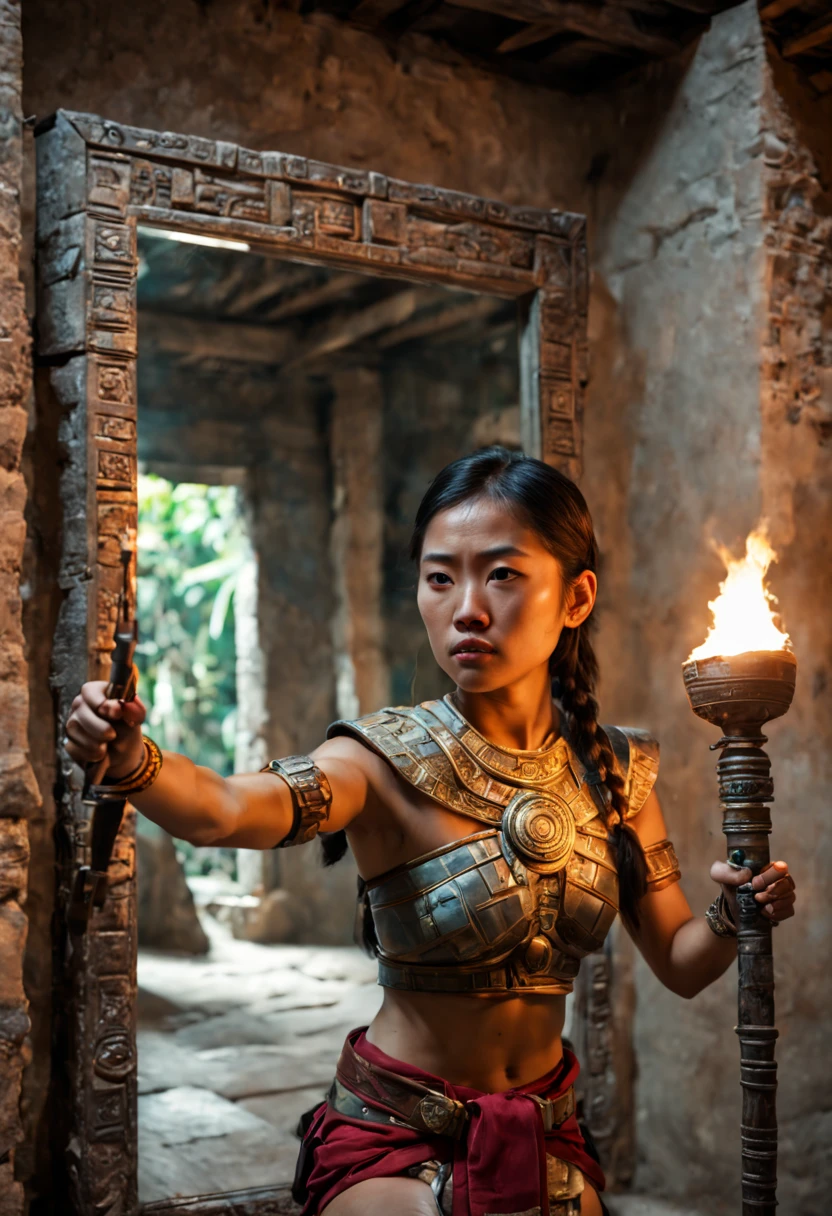 a 26yo asian female adventurer, BREAK, A Handheld mirror of Mayan civilization, the adventurer face In the mirror, A Mayan room, a torch, indoors, cinematic