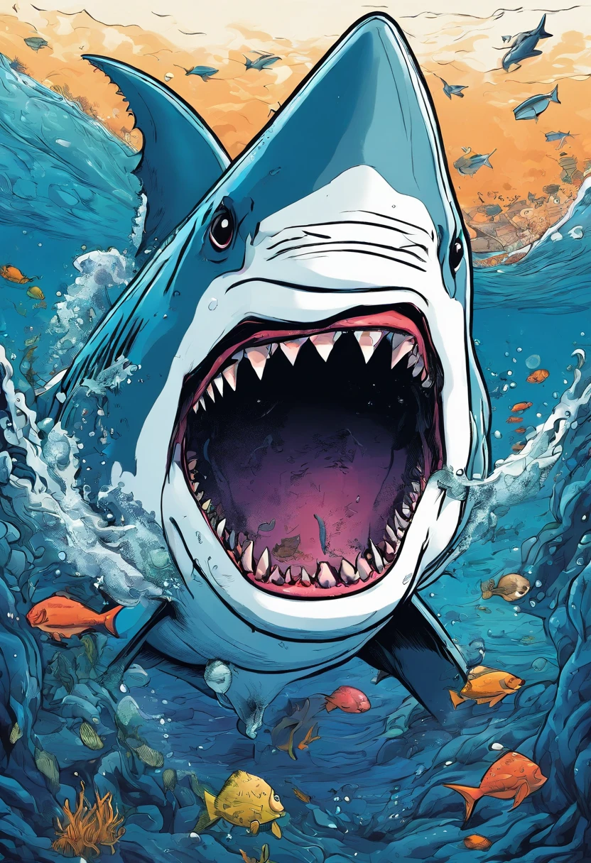 (angry shark), Underwater scene, Scared people, dark and murky water, Floating seaweed, dramatic lights, Realistic details, A high resolution, Dark blue color palette, Deep in the ocean, fear and , intense moment