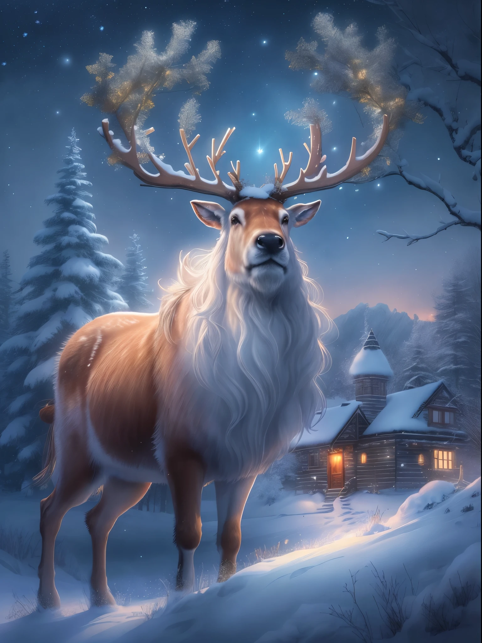(best quality,4k,8k,highres,masterpiece:1.2),ultra-detailed,(realistic,photorealistic,photo-realistic:1.37), long white beard, sleigh, reindeer, glow-in-the-dark style illustration, anticipation of the first snow, focal point, nighttime atmosphere, snowman castle, enhanced by fireflies and moonlight, watercolor, expressive eyes that capture the light.