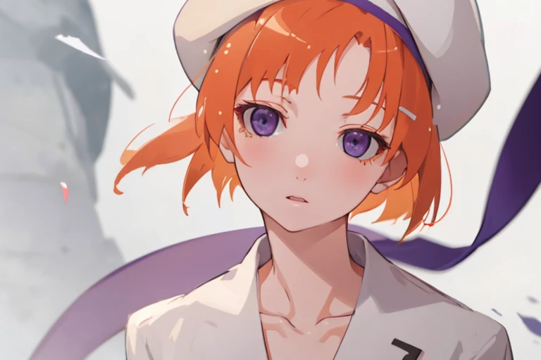 1girl in,White beret,Orange hair,short head hair,White clothes,Blue eyes,Face Up,purple ribbon on chest,
