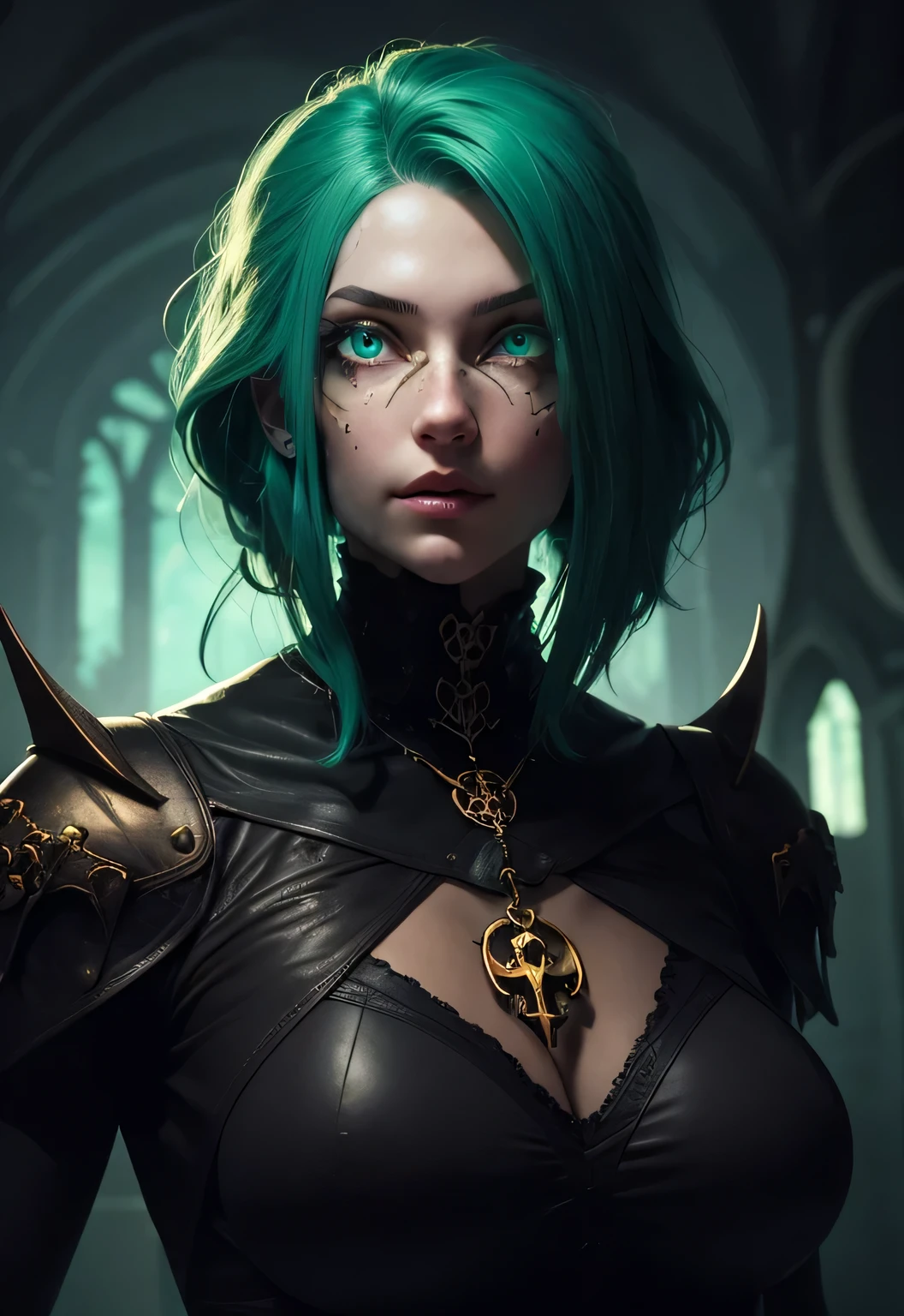 Beautiful face of a young girl, green eyes glow with an otherworldly light
