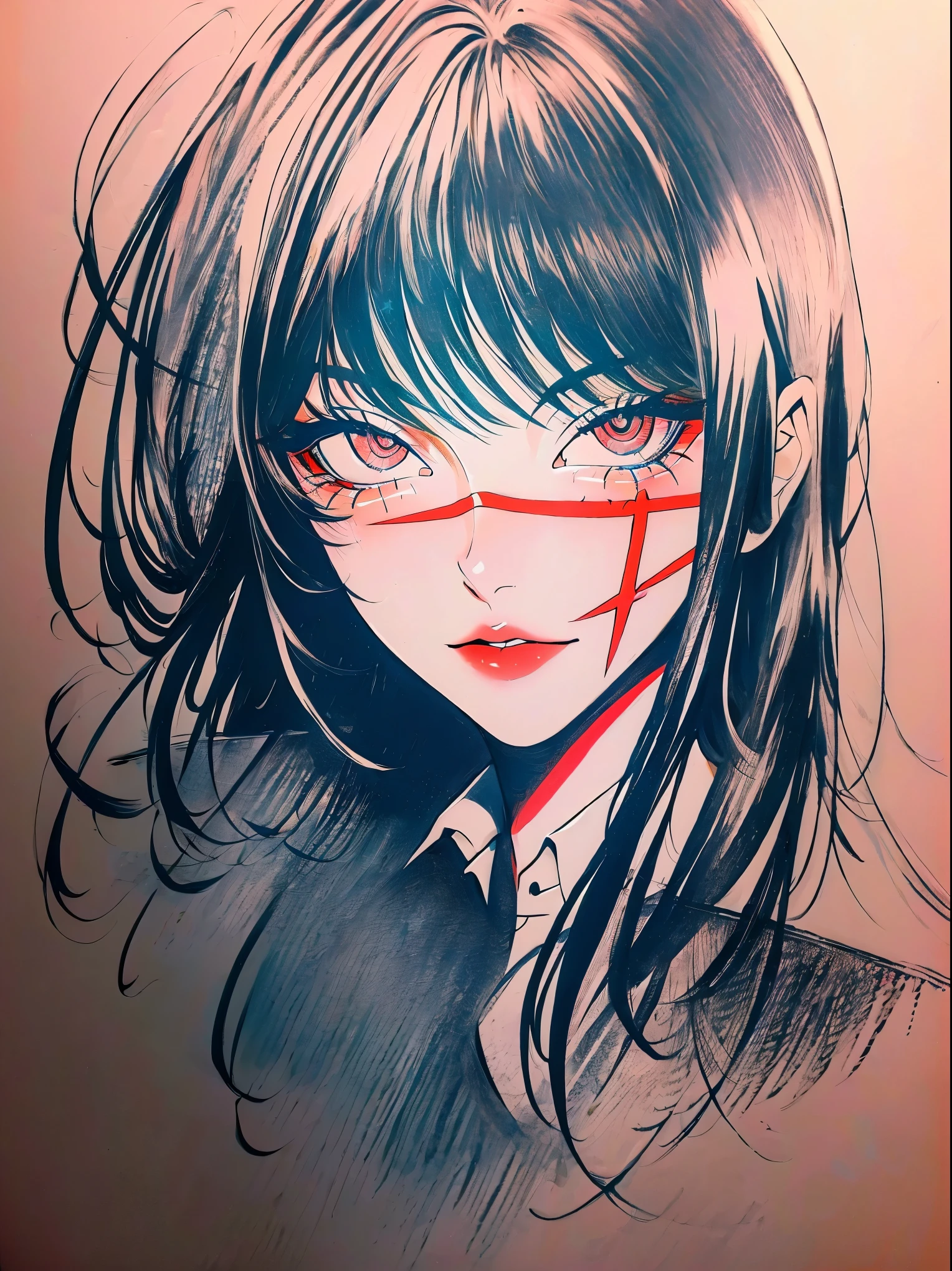 Yoru, vestida de colegial, camisa, Cinta para el cuello, mangas largas, Tema oscuro, (Mirando al espectador, retrato:1.5), black and rojo, rojo details, Runas brillantes_rojo,