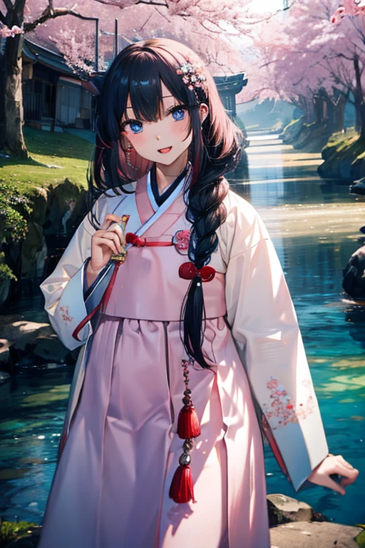 masterpiece, best quality, highres, bbhana, long hair, blacj hair, single braid, hair ornament, whisker markings, ((korean clothes)), ((hanbok)), long sleeves, striped sleeves, ((sky blue jacket)), pink skirt, cherry blossoms, outdoors, standing, smile, open mouth, peace sign, blue eyes, large breast, sexy,