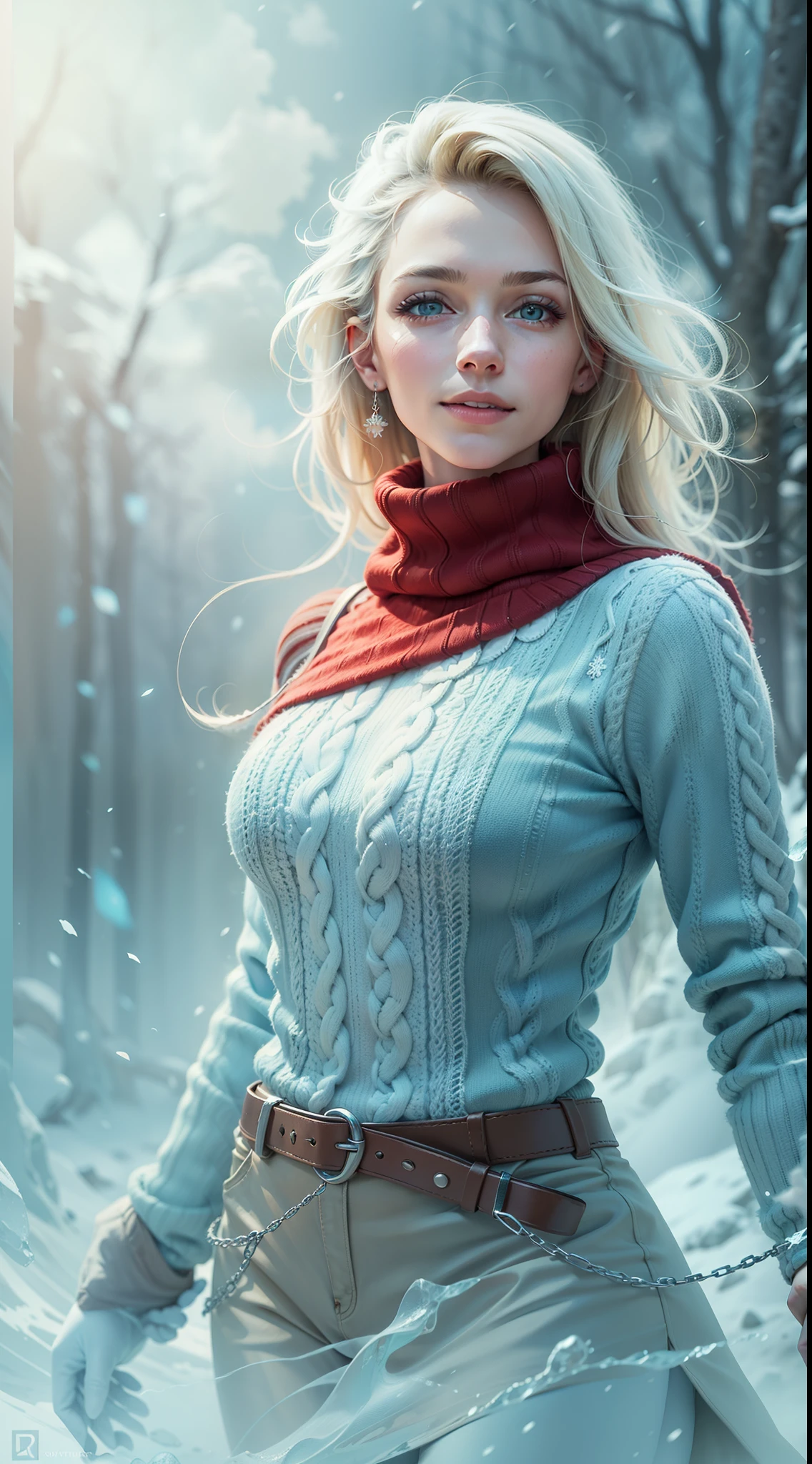 3/4 Portrait of a woman, 25-year old, fit, straight blonde hair, light blue eyes, red turtleneck sweater, surrounded by fog, outstretched hand surrounded aura of frost, snowflakes floating, (slight smile), (hand in gloves reaching out towards viewer), photorealistic, high res, particle effects, raytracing