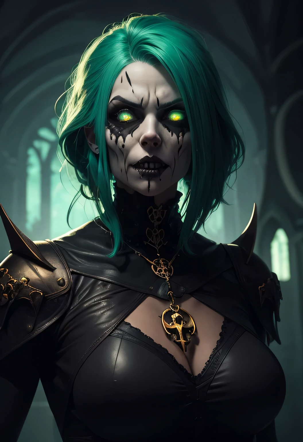 Vampire Girl. tousled short aquamarine hair. green colored eyes. very extremely beautiful, beautiful young face. Gothic Leather Necromancer Armor, black-green, Black pants, many details, Necromantic pendant in the form of a skull for the neck.............................. Gloomy mood. Мистический black-green лес с магическими рунами. Semi-fantastic realism. His expression is gloomy, Arrogant, aristocratic. full - body, fights hordes of ghosts and skeletons. properly proportioned, the golden ratio. a lot of details, necromancy, мистическое Gloomy mood, Lots of glowing elements. Horror. fantasy style.