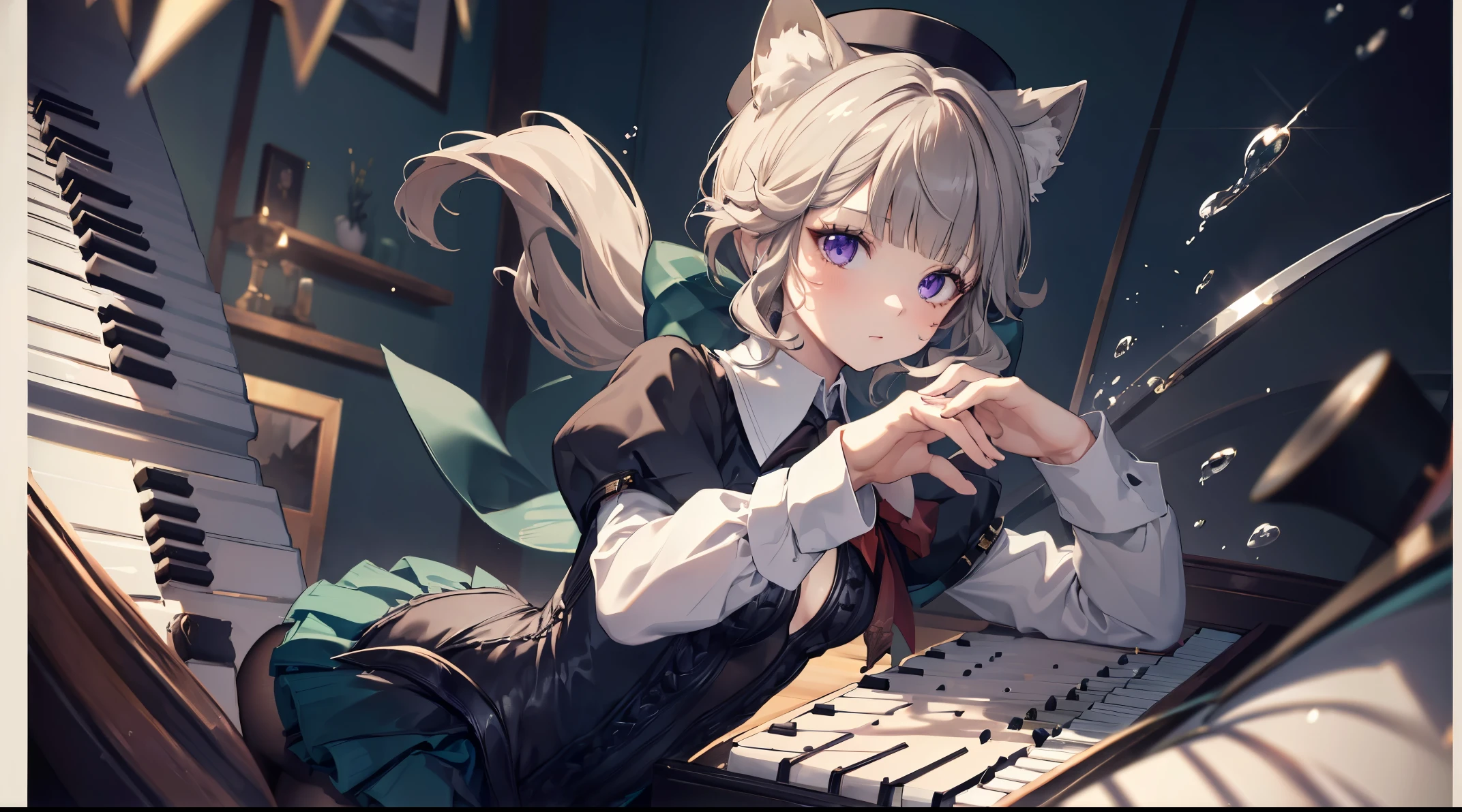 (((4k, masterpiece, top-quality))) ,8k, best quality, (((piano))), high resolution, HD, unity 8k wallpaper, (((illustration:0.8))), extremely detailed face, perfect lighting, extremely detailed CG, (perfect hands, perfect anatomy:1.8), lynette, animal ear fluff, animal ears, cat ears, hair bow, (purple eyes:1.1), brown hair, (((single star on left cheek))), bow, green bow, hat, leotard, long sleeves, miniskirt, pantyhose, skirt, top hat,