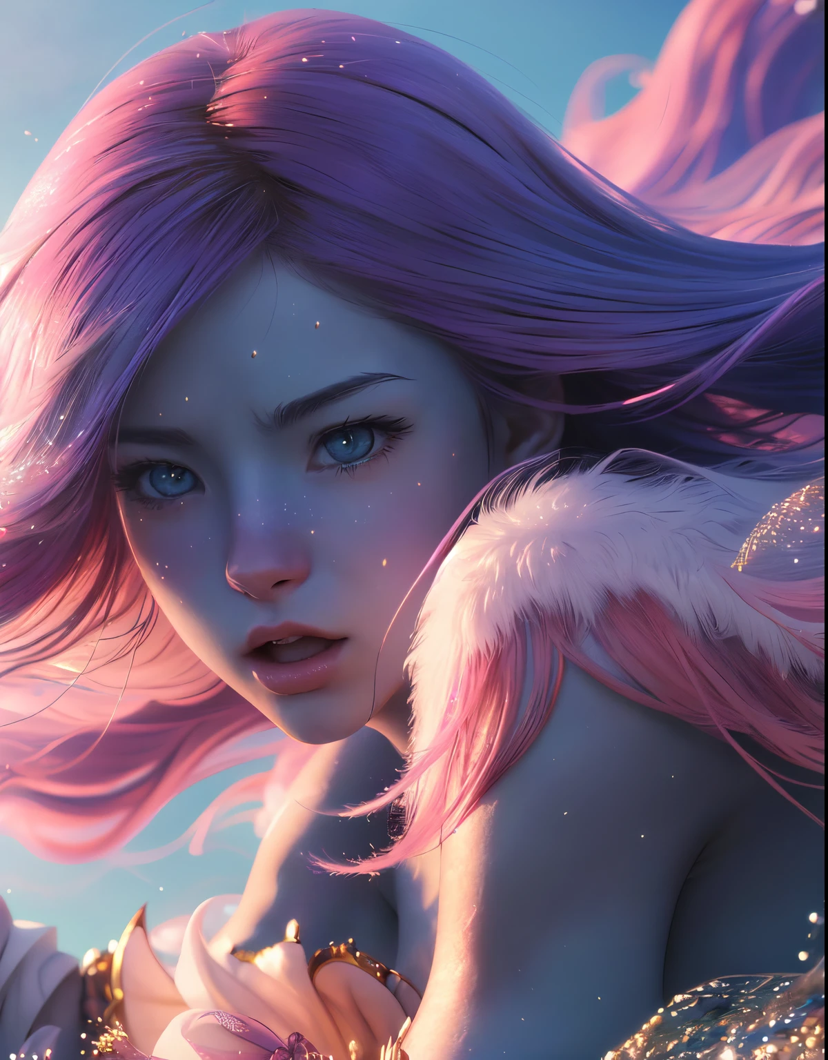 A portrait of beautifully stunning woman, bra, fair skin, pink hair, surrounded by a swirling nanodusty plasma in electric blue and vibrant purple, vibrant colors, digital painting, trending in Artstation, cinematic lighting, and dynamic composition.