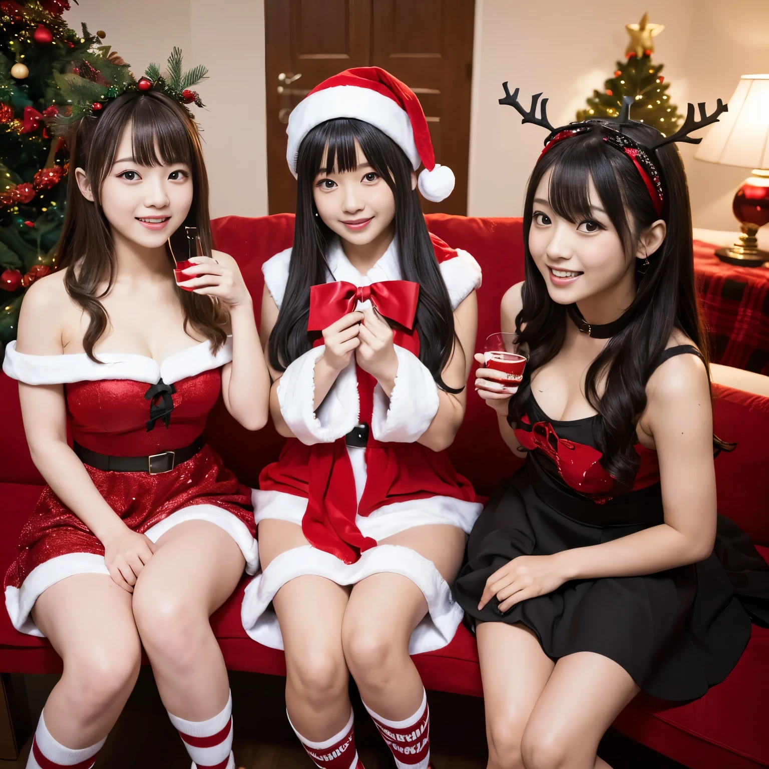 ((Best-quality, Masterpiece, Ultra-High-Resolution, (Photorealistic:1.4), Raw-Photo, Extremely-Detailed, Perfect-Anatomy)), 3-girls, all 12-years-old, the most popular Japanese-idols, (((all having a lot of fun , all sitting facing each other and chatting at Christmas party))), (((all wearing extremely cute Christmas-costumes))), all extremely cute faces like a most famous Japanese idols, all extremely beautiful big black-eyes, all extremely beautiful colorful-hair, all extremely beautiful realistic-skins, detailed Christmas party, (((detailed cute-Christmas-costumes)))
