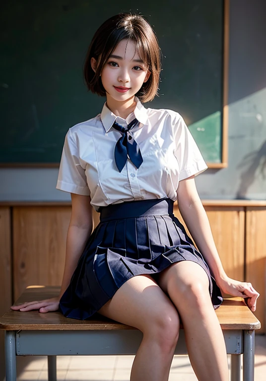 (8K high image quality), (quality), (Original image quality),(On a table:1.2), (actual), (realistically:1.37), ,largeeyes,long eyelasher,（live-action realistic style）,The ultimate face,realistically light and shadow,Clear facial features,,White skin of the, ）,Best Portrait, 1-girl, Cute big breasts,beautidful eyes,highlydetailed skin,(Beautiful face with double eyelids), (actual: 1.4),((entire body image))  ,exquisite and beautiful face,,Female around 20 years old,(Beautiful Face 1.4),Short hair details,((Japanese high school girl uniform)),(Find your audience and smile),red lipsticks,Weakness around the eyes,((Taken in class)),(sit down and show),Nipples Fully Visible.,pastel colour,(I like to show my audience),(Show your audience your),((Japanese schoolgirl uniform)),((Ming Liang&#39;s beautiful thighs)),red lipsticks,Weakness around the eyes,Shoot at close range,校服, short- sleeved,Get up close,((Don’t leave shadows on your face when taking photos)),(There are lights in the classroom，Very bright)..Cross your legs tightly，（（（Schools force girls to abstain from 2400ml of urine for 24 hours））），Sit obediently on the chair in the classroom