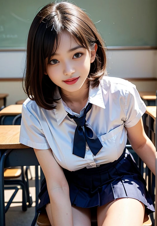 (8K high image quality), (quality), (Original image quality),(On a table:1.2), (actual), (realistically:1.37), ,largeeyes,long eyelasher,(live-action realistic style),The ultimate face,realistically light and shadow,Clear facial features,,White skin of the, ),Best Portrait, 1-girl, Cute big breasts,beautidful eyes,highlydetailed skin,(Beautiful face with double eyelids), (actual: 1.4),((entire body image)) ,exquisite and beautiful face,,Female around 20 years old,(Beautiful Face 1.4),Short hair details,((Japanese high school girl uniform)),(Find your audience and smile),red lipsticks,Weakness around the eyes,((Taken in class)),(sit down and show),Nipples Fully Visible.,pastel colour,(I like to show my audience),(Show your audience your),((Japanese schoolgirl uniform)),((Ming Liang's beautiful thighs)),red lipsticks,Weakness around the eyes,Shoot at close range,校服, short- sleeved,Get up close,((Don’t leave shadows on your face when taking photos)),(There are lights in the classroom,Very bright)..Cross your legs tightly,(((Schools force girls to abstain from 2400ml of urine for 24 hours))),Sit obediently on the chair in the classroom