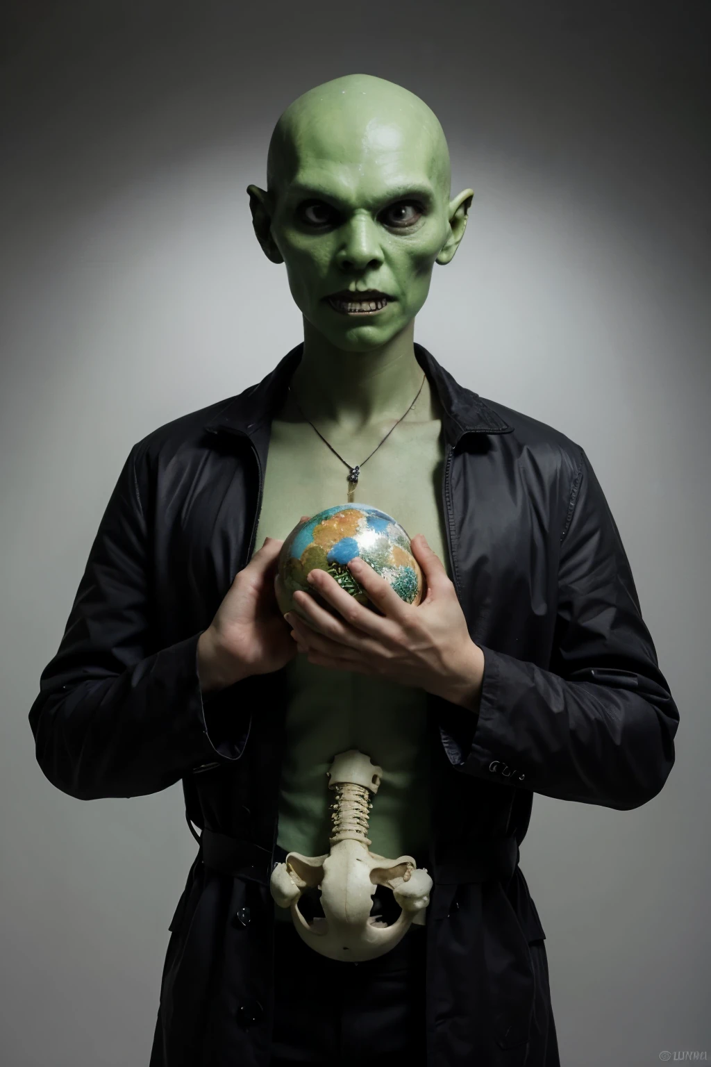 masterpiece, cartoon style, one body, head in the shape of a green alien, scary, mysterious, wearing a black coat, wizard, wearing a bright green diamond necklace, only bones in both hands, holding a replica of the earth in front of his chest