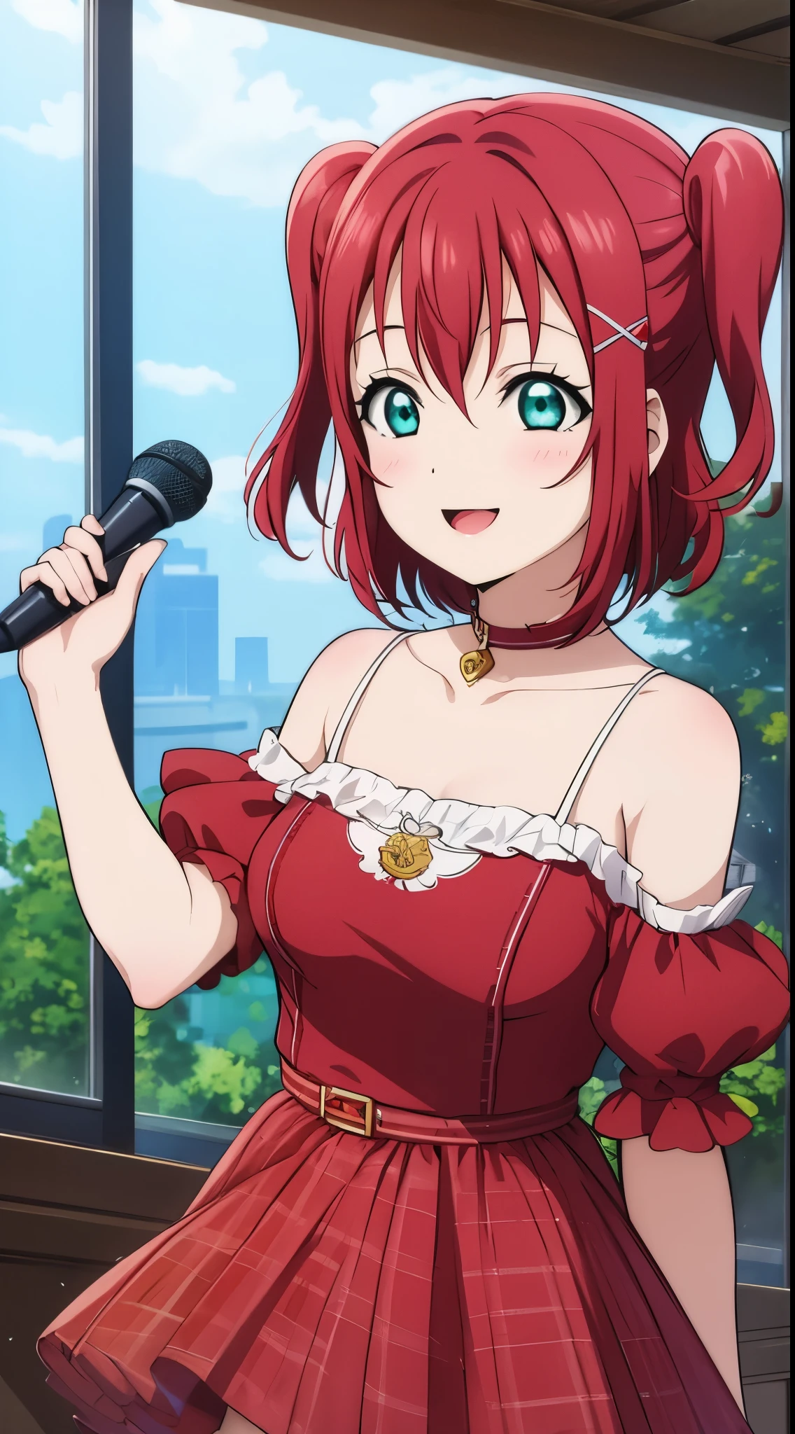 (masterpiece, best quality), illustration, detailed eyes, 1girl, solo, kurosawa ruby, flat chest, red hair, two side up, green eyes, smile, 
Dress sing, use microphone, stage,