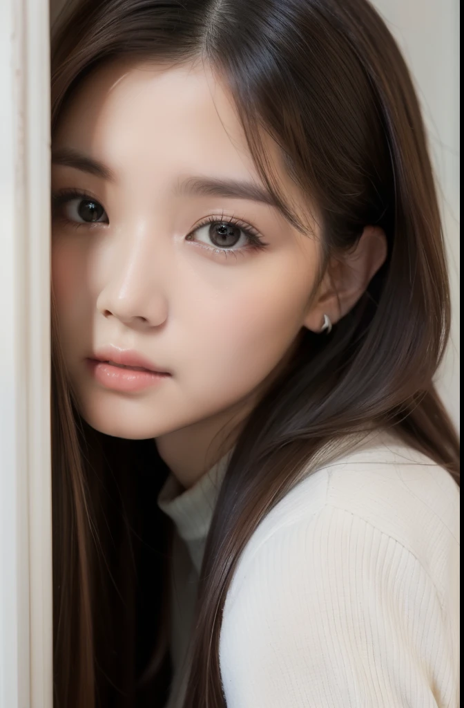 1girl, Pretty woman, chinese , long hair , brown eyes , big eyes , photography, raw photos , Casual outfit :1.2, Indoor, Ultra-detailed face, Detailed eyes, slightly thick eyebrows,