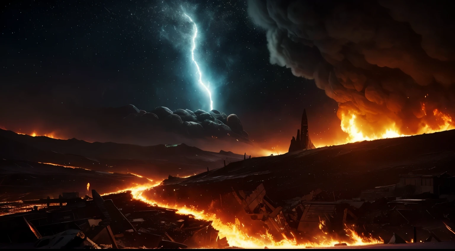 (best quality,4k,8k,highres,masterpiece:1.2),ultra-detailed,(realistic,photorealistic,photo-realistic:1.37),the arrival of a comet destroying the ancient earth, vikings running desperately in flames,cosmic chaos,fire and destruction,apocalyptic landscape,vivid colors,bokeh,dramatic lighting,vibrant explosion,horrifying scene,ominous atmosphere,epic disaster,hectic escape,raging fire,blazing inferno,cataclysmic event,final battle,ancient civilization in ruins,falling debris,ashen sky,survival instinct,menacing comet approaching,terrifying destruction,viking warriors braving the chaos,end of an era,desperate fight for survival,melting landscapes,fierce determination,devastating aftermath,fast-paced action,shattered world,glowing embers,doom and gloom,natural catastrophe,burning ships,spectacular explosion,hope amid chaos,ancient prophecies,flickering flames,ruined cities engulfed in fire,desolate wasteland,ravaged earth,brave heroes risking it all,epic battle scene,ferocious comet tearing through the sky,vivid flames engulfing everything in their path,glowing trails of destruction